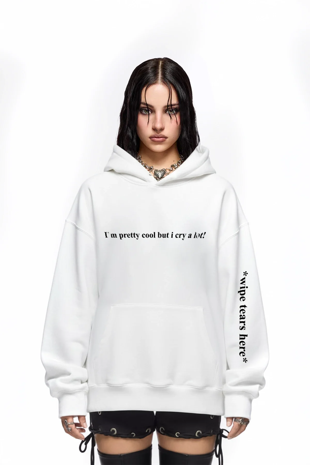 Wipe Tears Here Baskılı Oversize Unisex Beyaz Hoodie