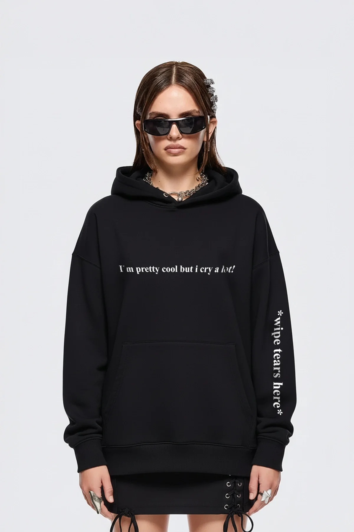 Wipe Tears Here Baskılı Oversize Unisex Siyah Hoodie