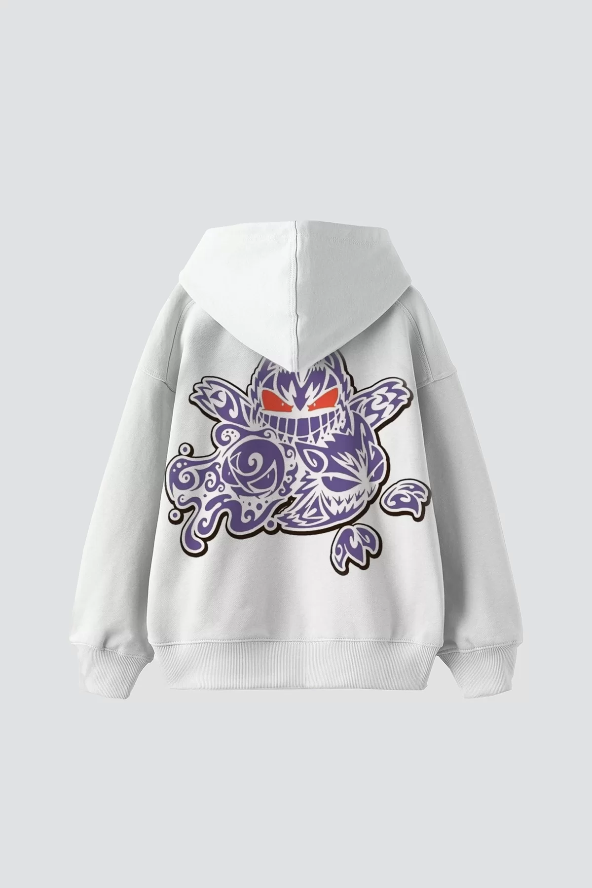 y2K Gengar Sırt Baskılı Oversize Unisex Beyaz Hoodie