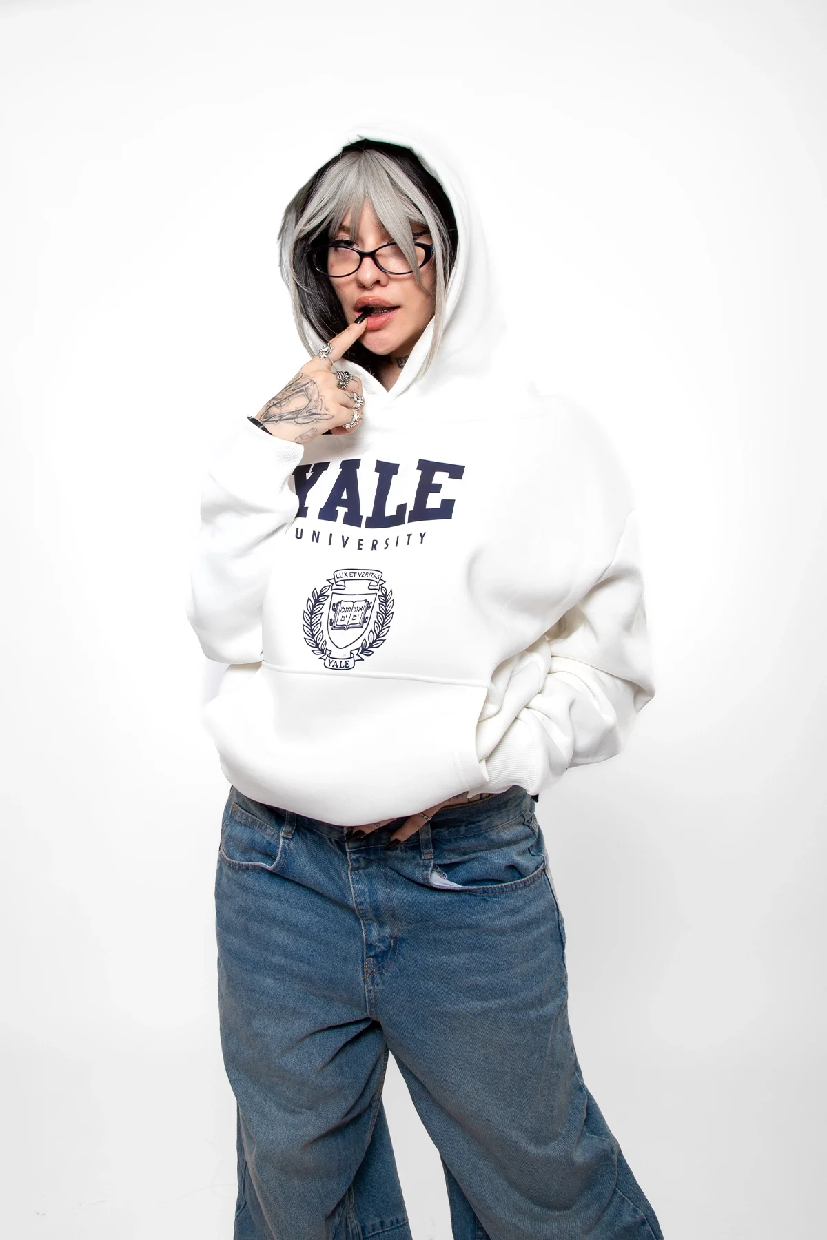 Yale University Baskılı Oversize Unisex Beyaz Hoodie