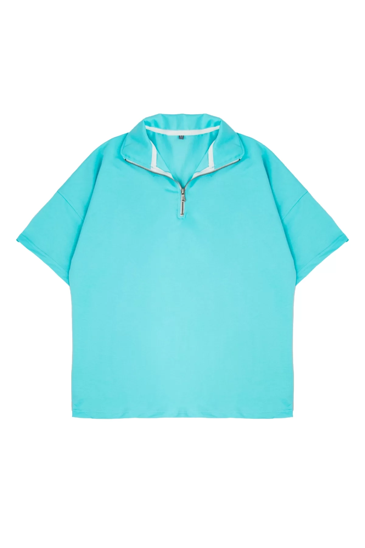 Yarım Fermuarlı Dik Yaka Basic Bebe Mavisi Oversize Unisex Tshirt