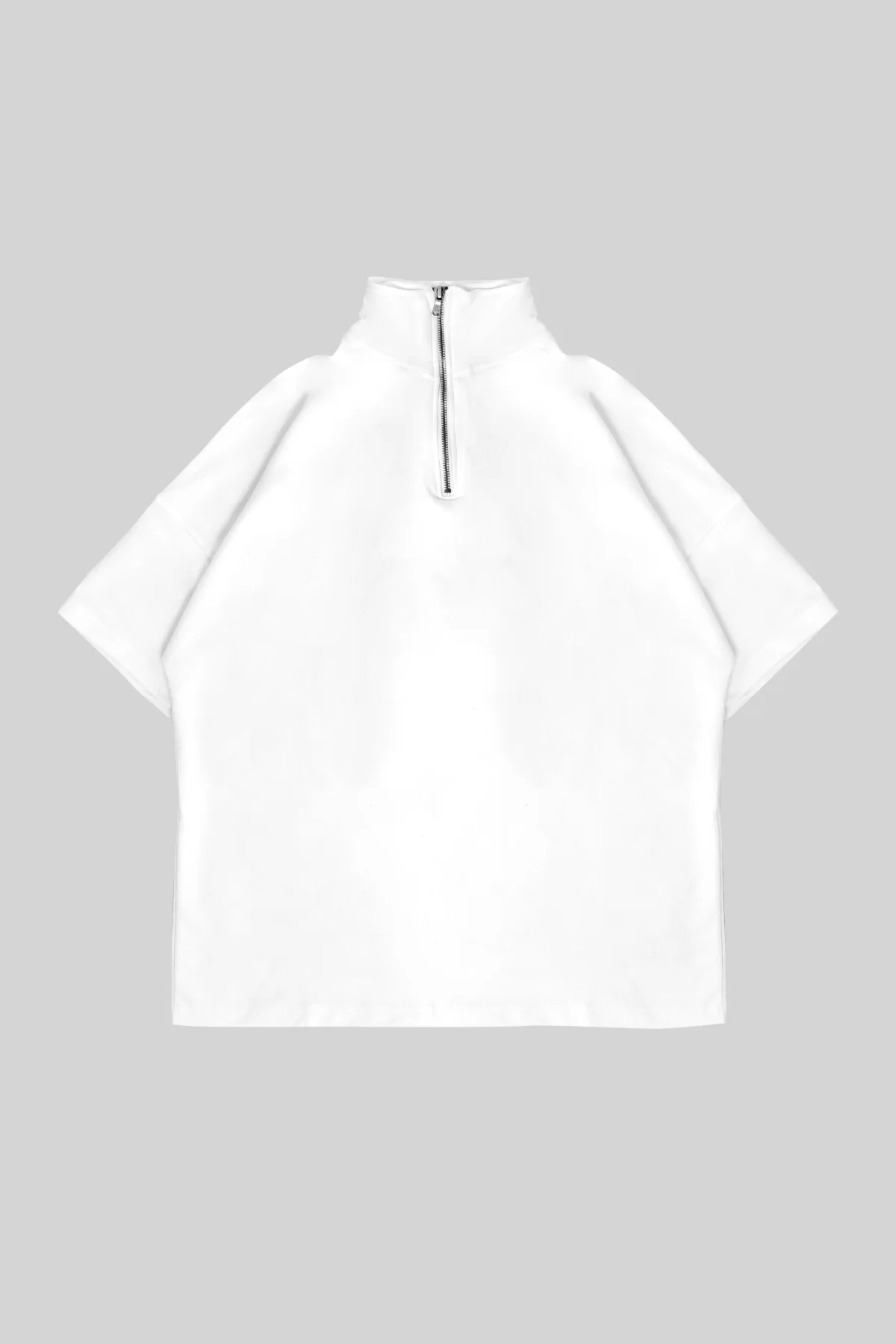 Yarım Fermuarlı Dik Yaka Basic Beyaz Oversize Unisex Tshirt