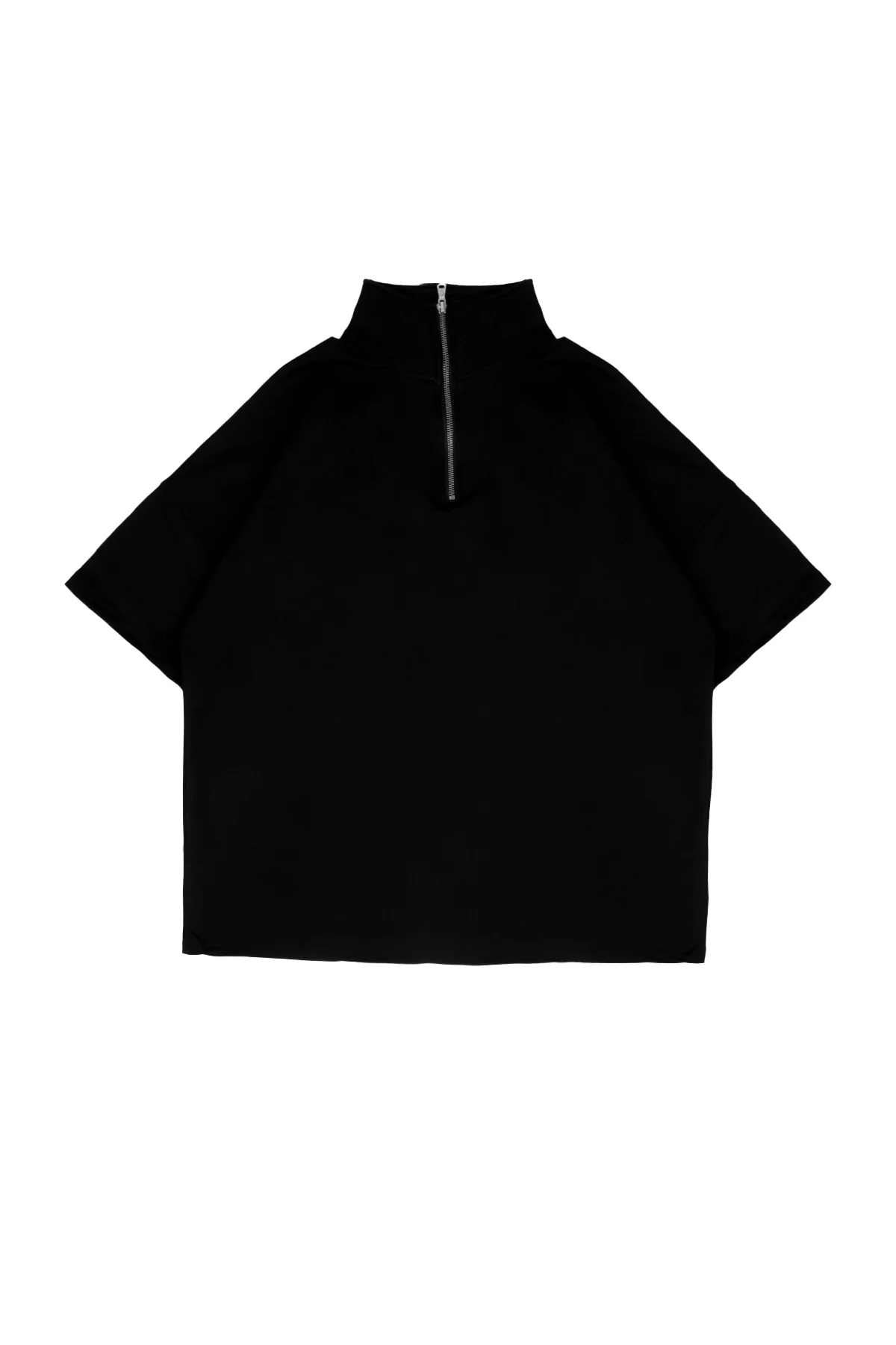 Yarım Fermuarlı Dik Yaka Basic Siyah Oversize Unisex Tshirt