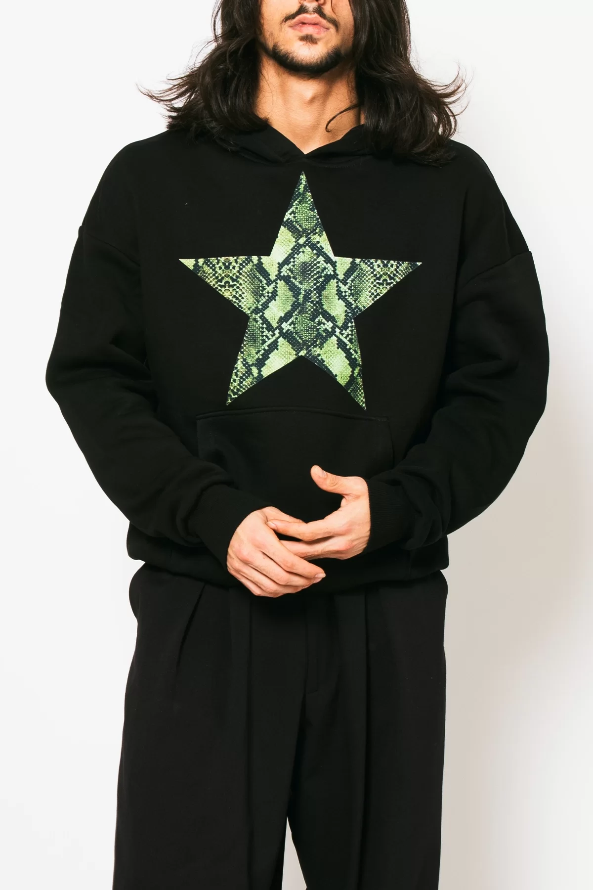 Yeşil Yılan Starz Baskılı Oversize Unisex Premium Siyah Hoodie