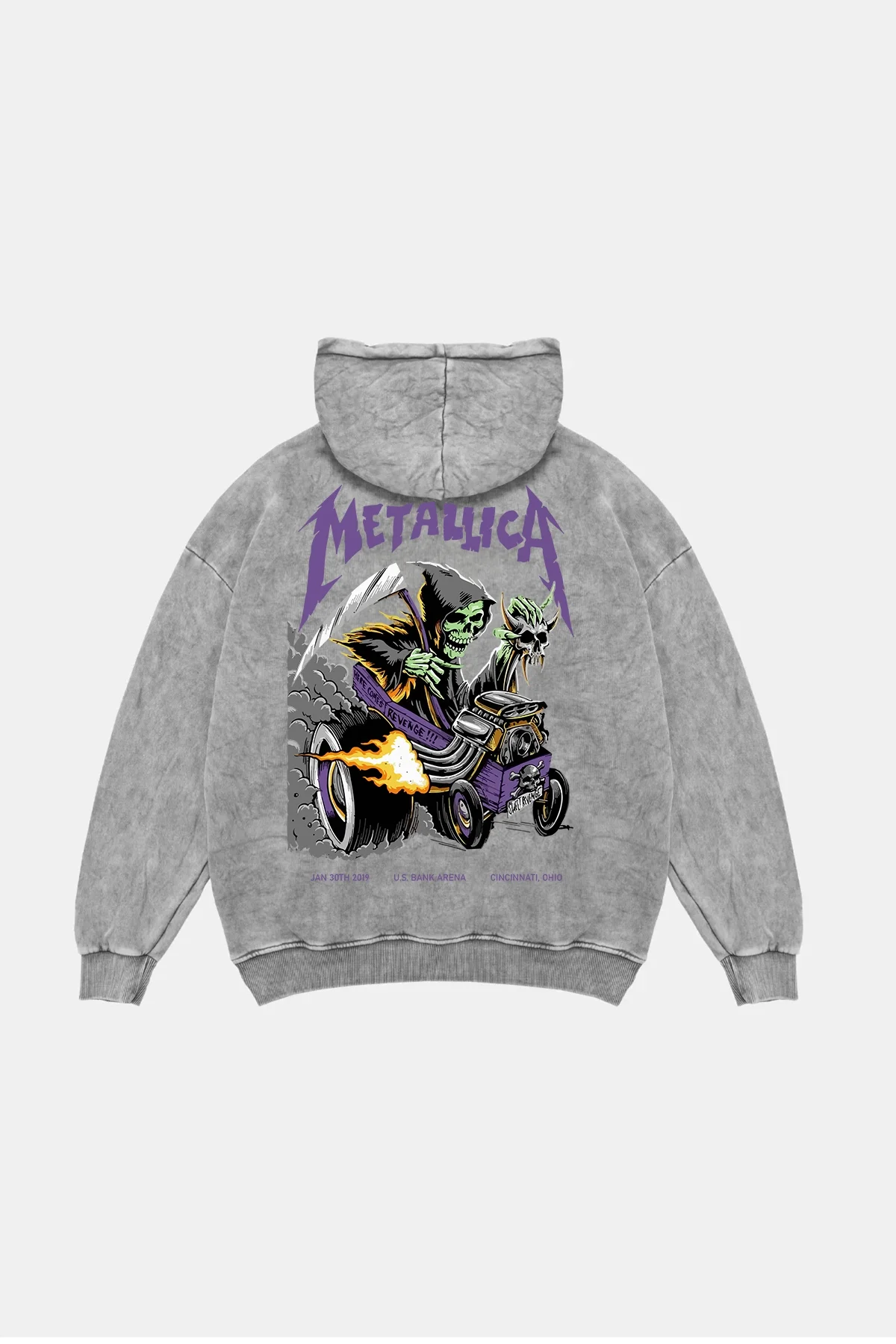 Yıkamalı Beyaz Metallica Mor Sırt Baskılı Oversize Kapüşonlu Hoodie