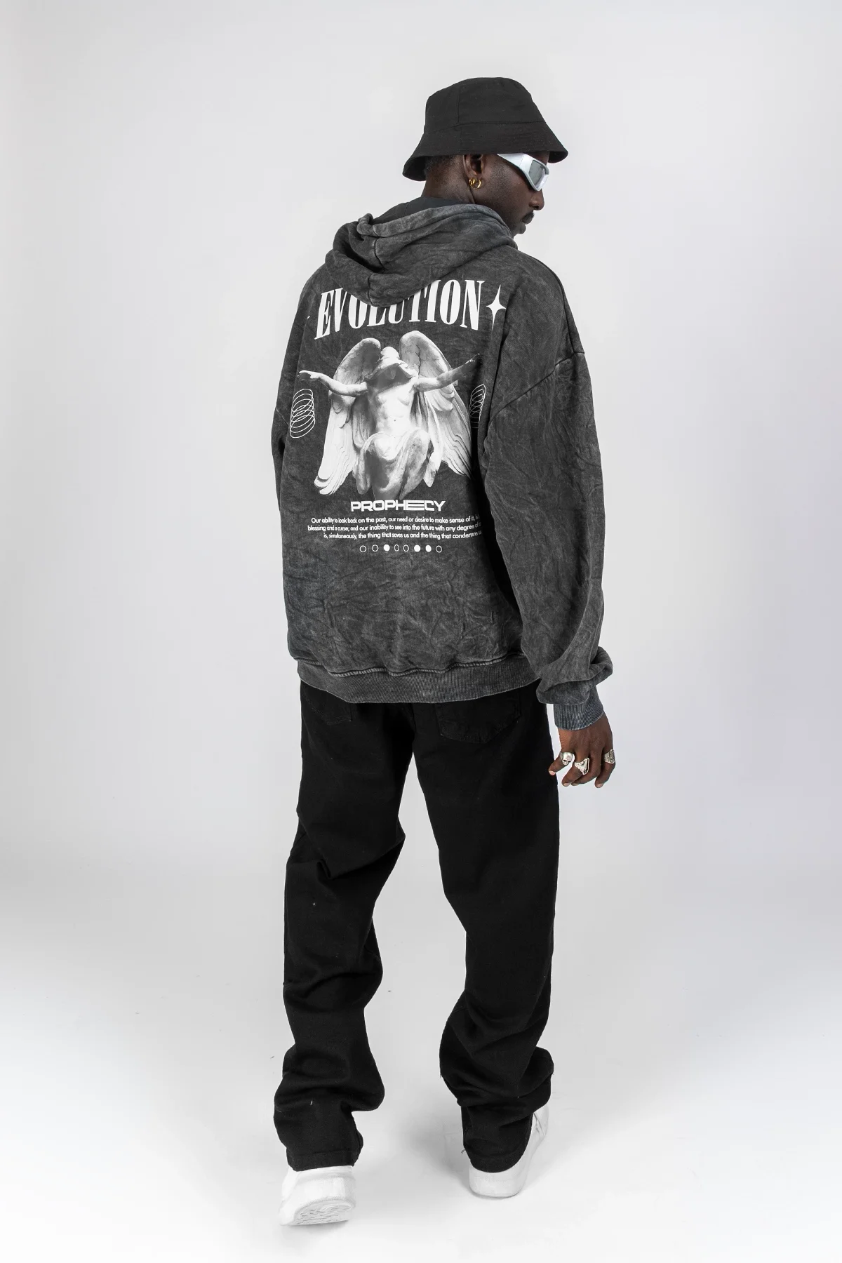 Yıkamalı Siyah Evolution Baskılı Oversize Unisex Kapüşonlu Hoodie