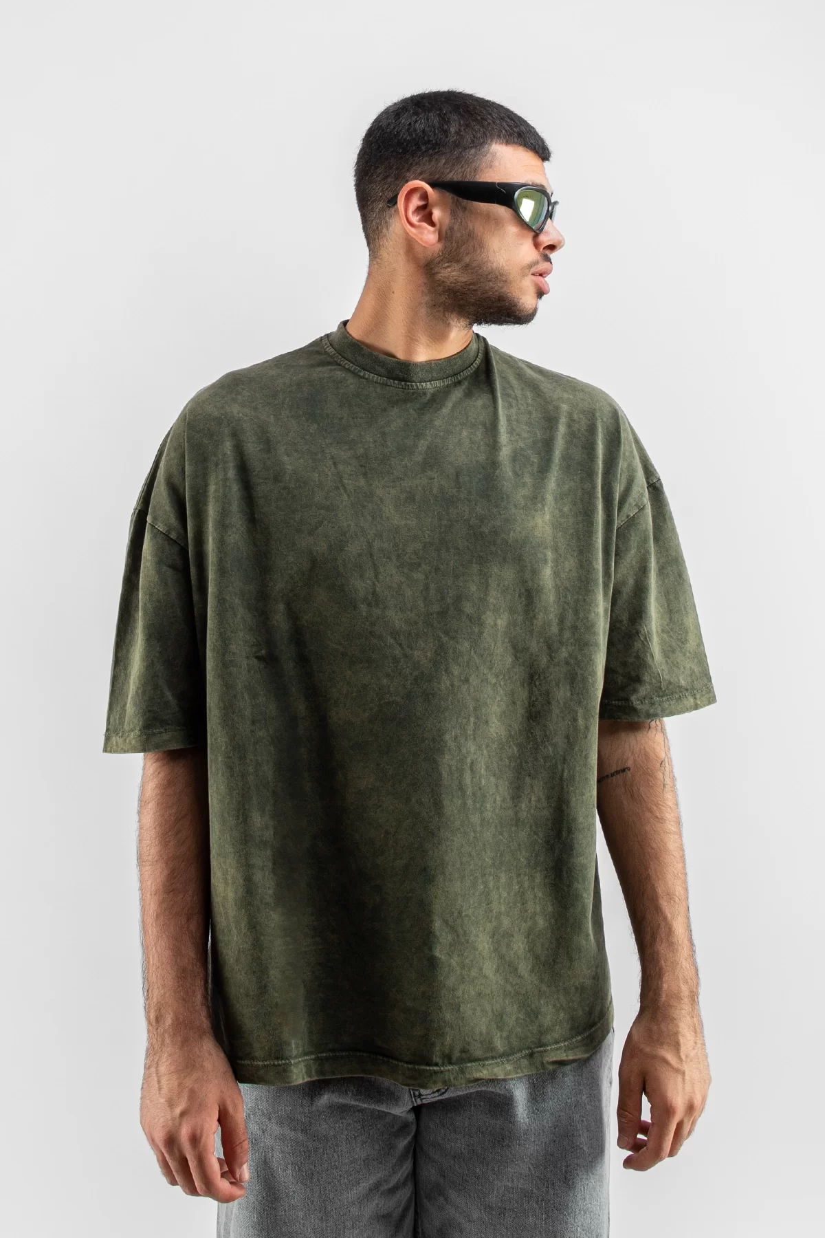 Yıkamalı Yeşil Basic Oversize Unisex Tshirt