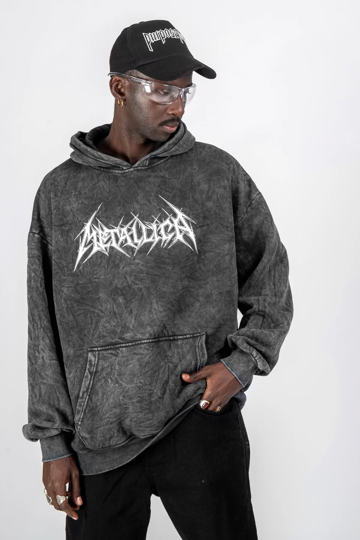 Yıkamalı Siyah Metallica Logo Baskılı Oversize Unisex Hoodie