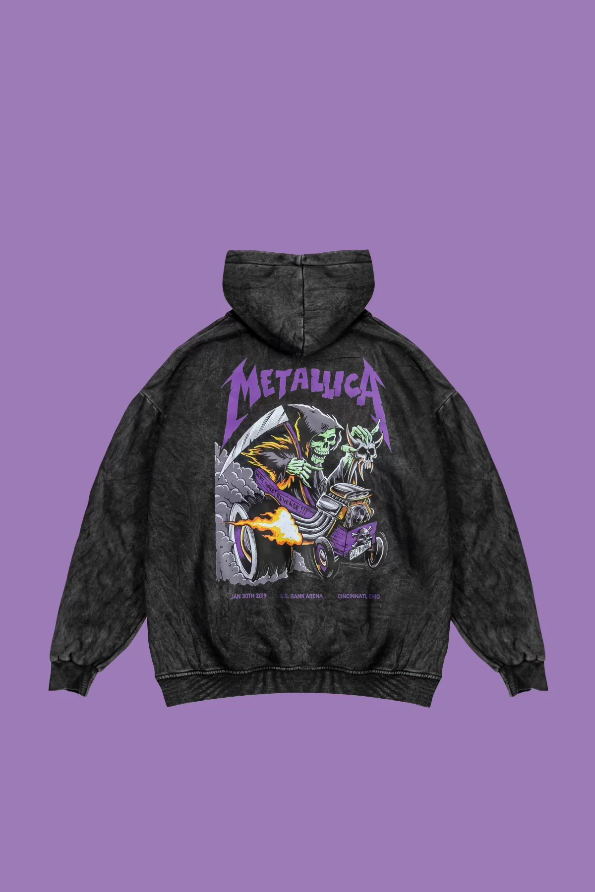 Yıkamalı Metallica Mor Sırt Baskılı Füme Oversize Kapüşonlu Sweatshirt