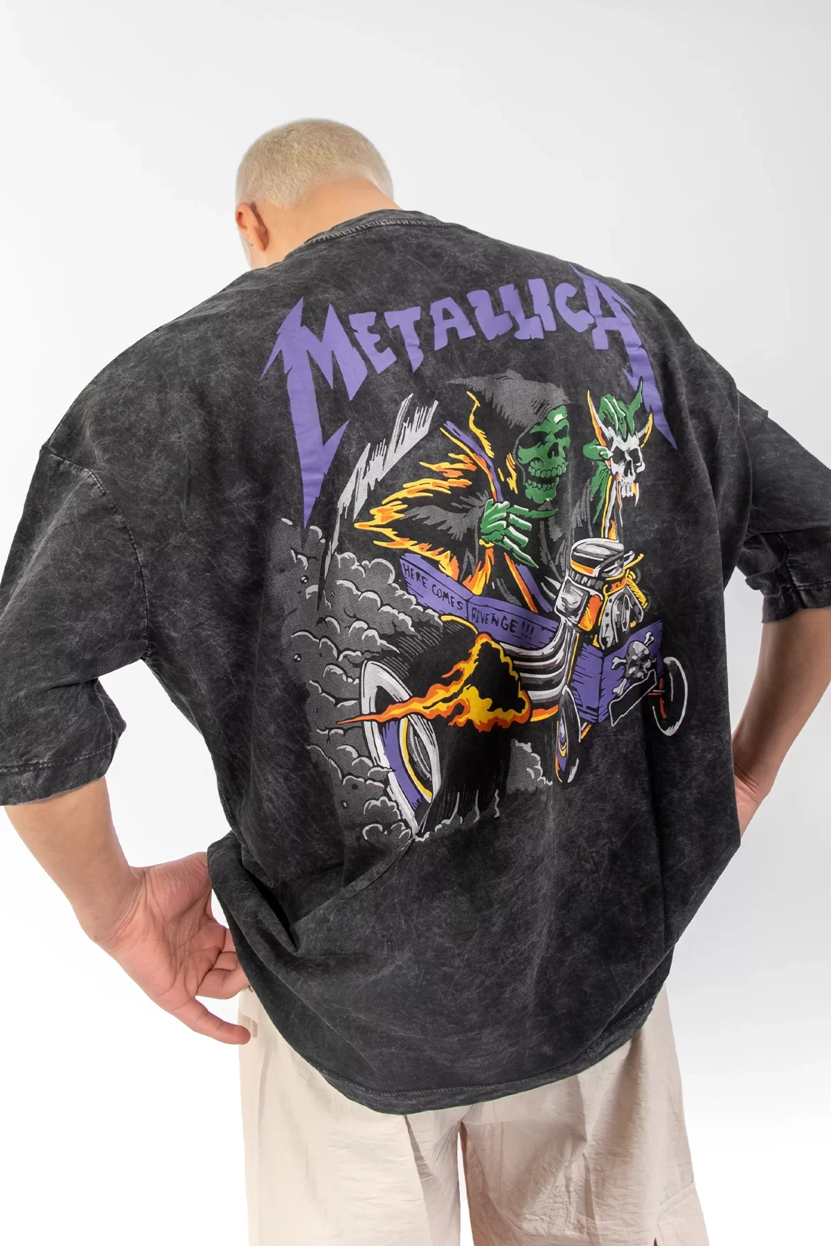 Yıkamalı Metallica Mor Sırt Baskılı Siyah Unisex Oversize Tshirt