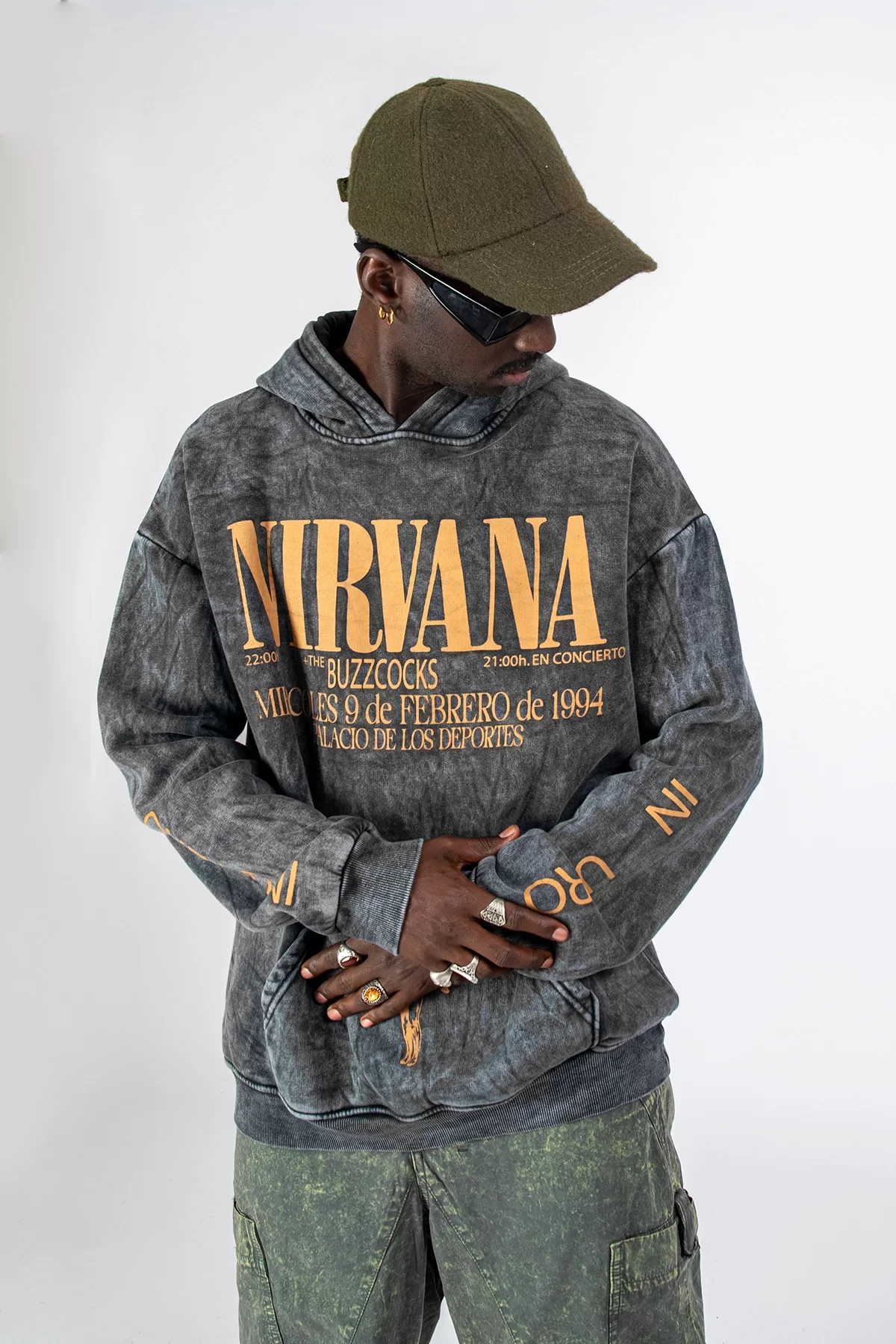 Yıkamalı Siyah Nirvana Sırt Baskılı Unisex Oversize Hoodie