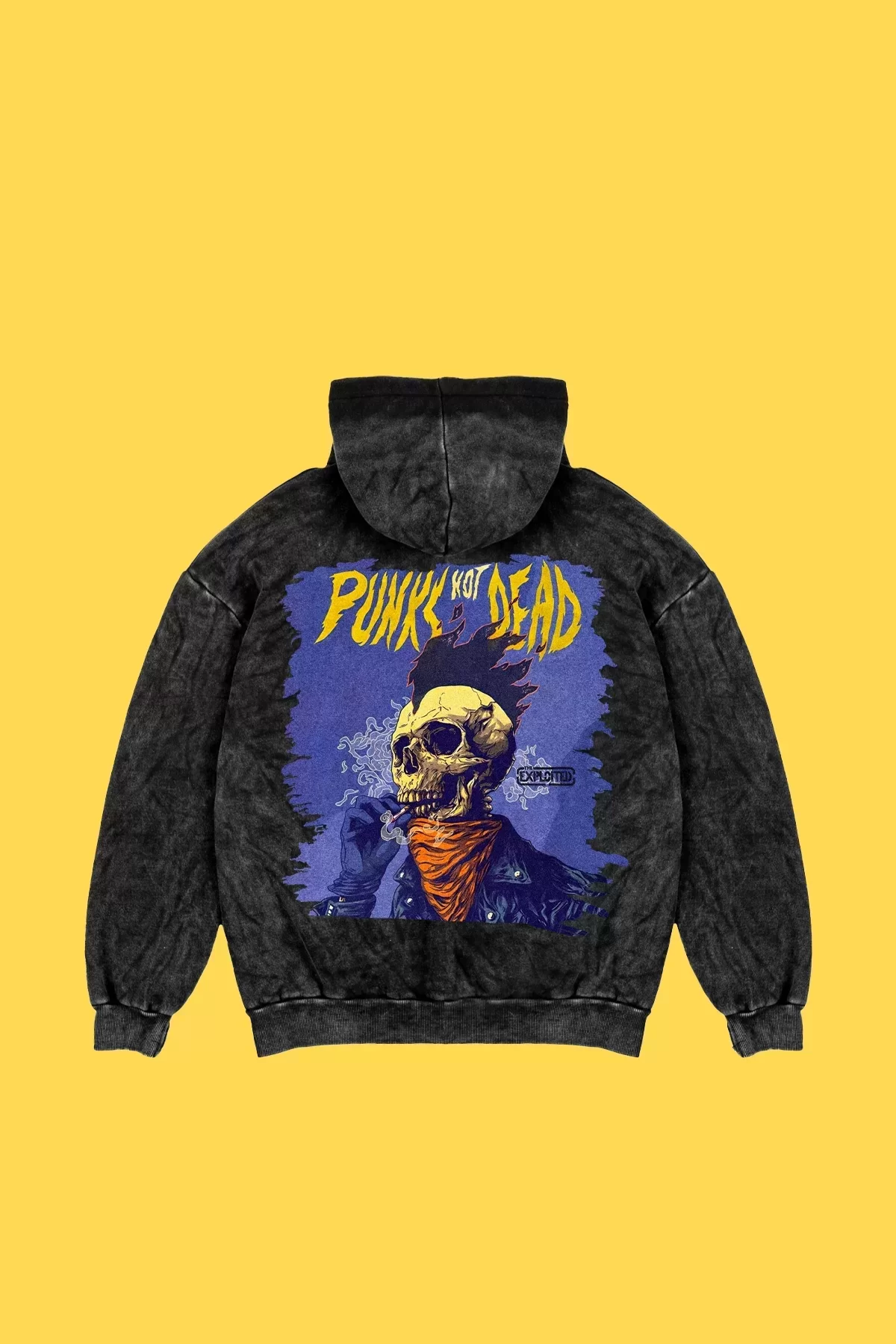 Yıkamalı Siyah Punks Not Dead Baskılı Oversize Unisex Hoodie