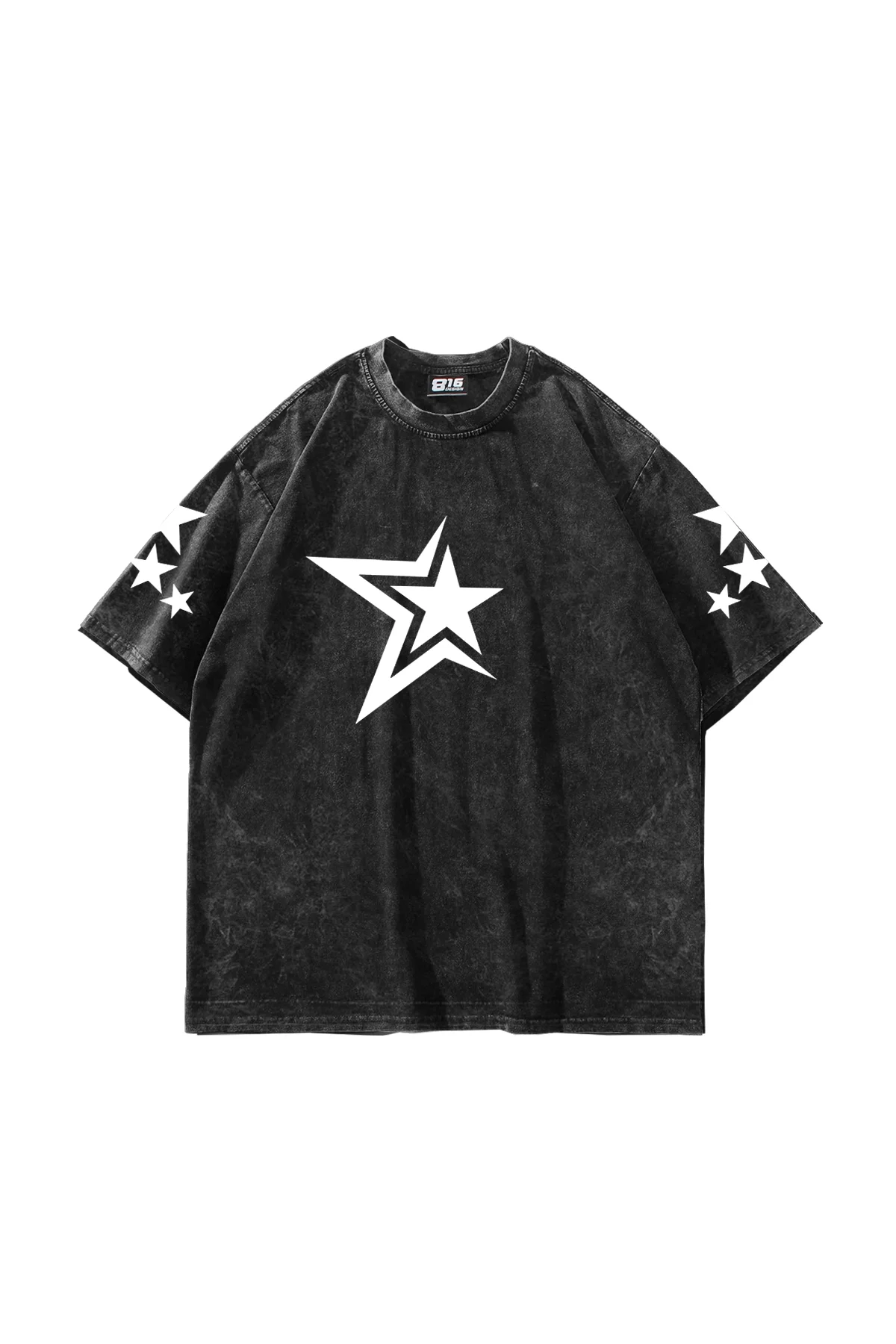 Yıkamalı Siyah 816 Stars Baskılı Oversize Unisex Tshirt