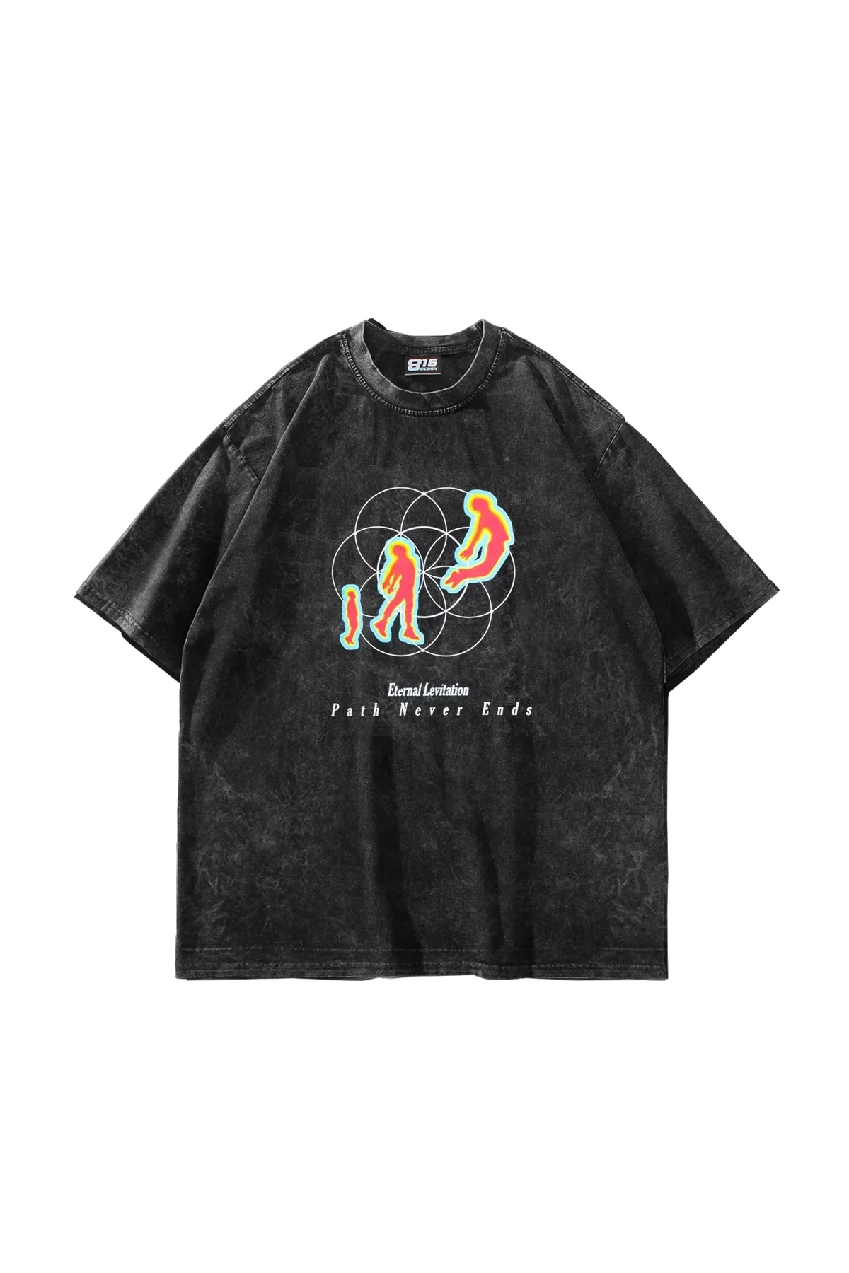 Yıkamalı Siyah Eternal Levitation Baskılı Oversize Unisex Tshirt