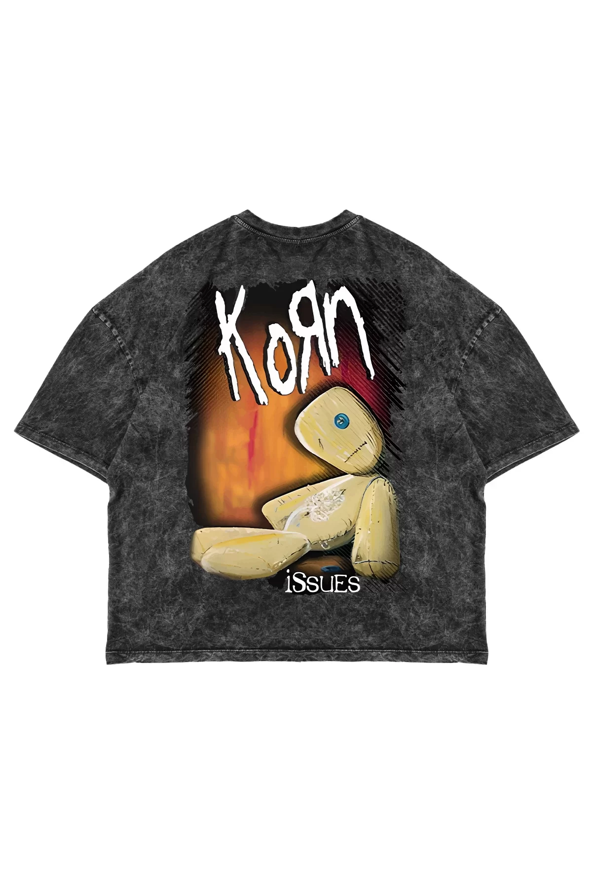 Yıkamalı Siyah Korn Sırt Baskılı Oversize Unisex Tshirt