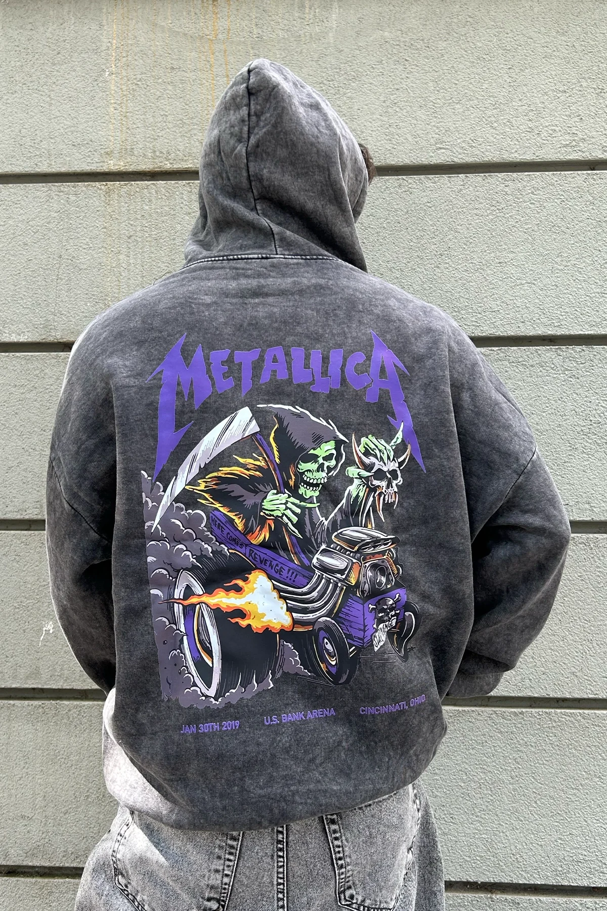 Yıkamalı Siyah Metallica Mor Sırt Baskılı Oversize Kapüşonlu Hoodie