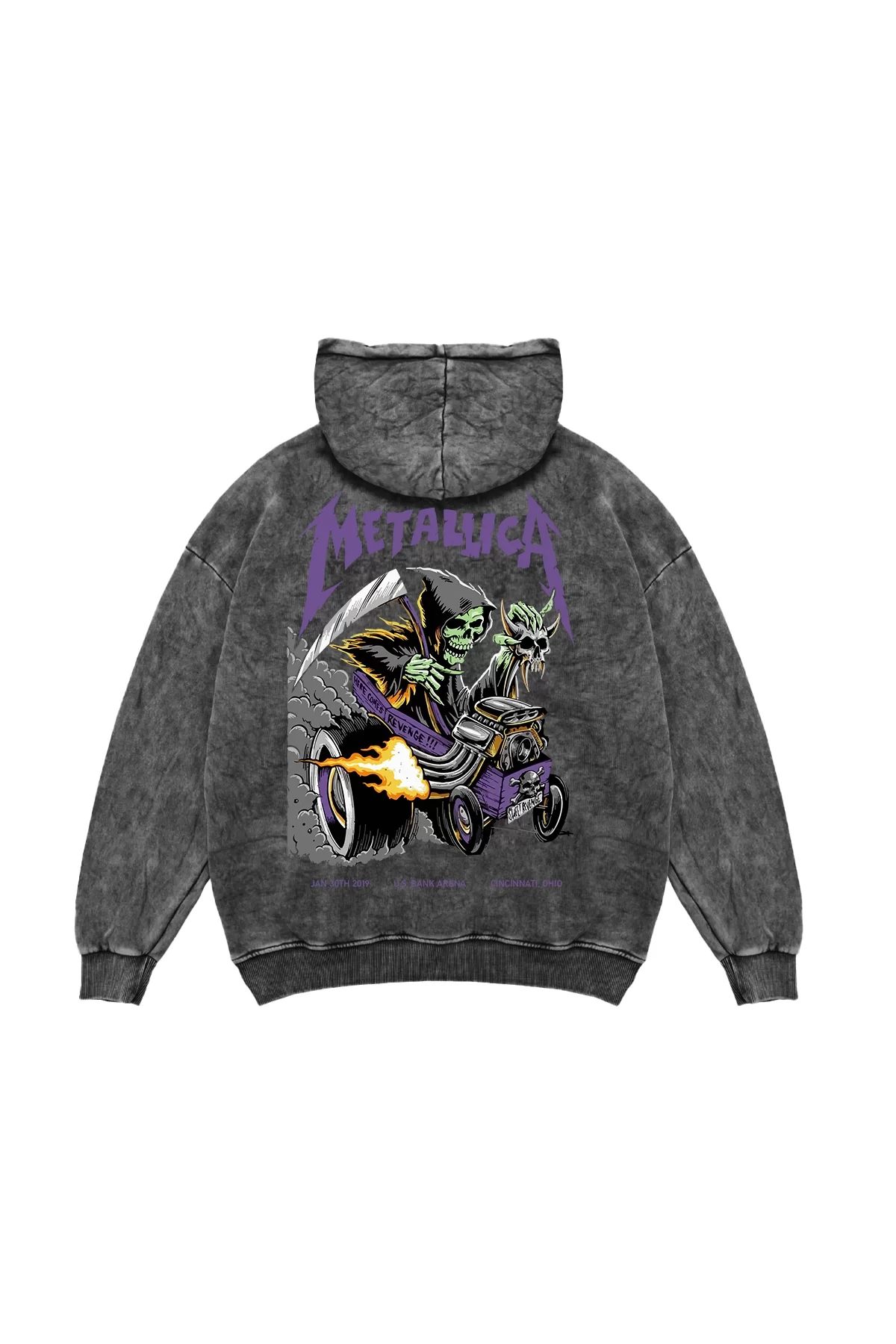 Yıkamalı Siyah Metallica Mor Sırt Baskılı Oversize Kapüşonlu Sweatshirt