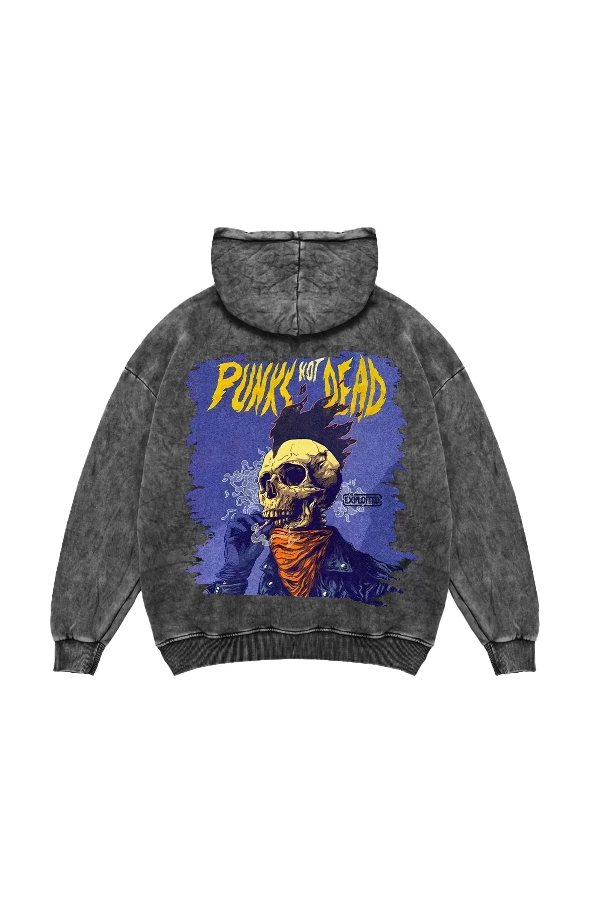 Yıkamalı Siyah Punks Not Dead Baskılı Oversize Unisex Hoodie