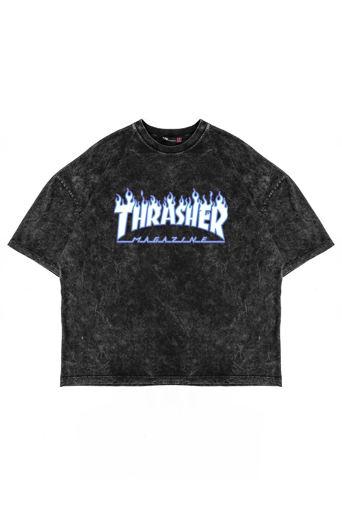 Yıkamalı Siyah Thrasher Flam Baskılı Oversize Unisex Tshirt