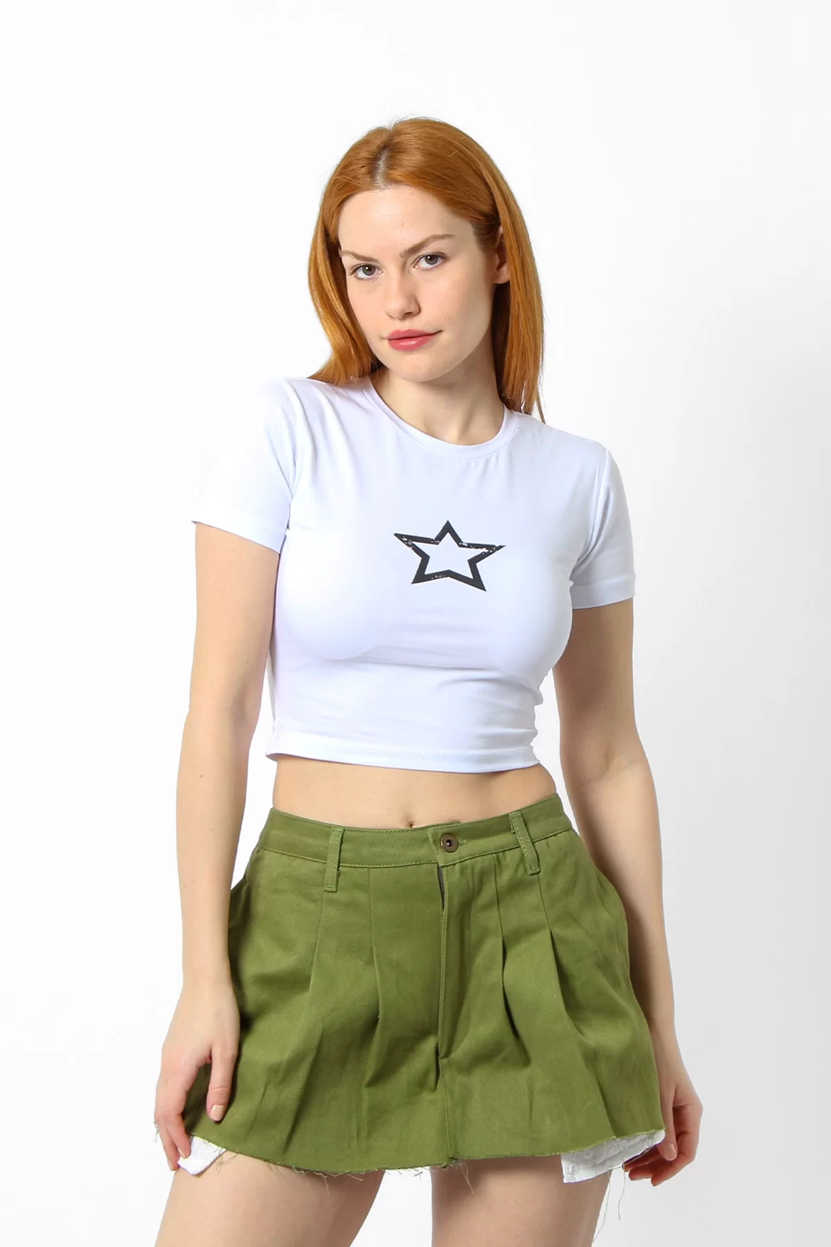 Yıldız Baskılı Beyaz Kadın Crop Tshirt