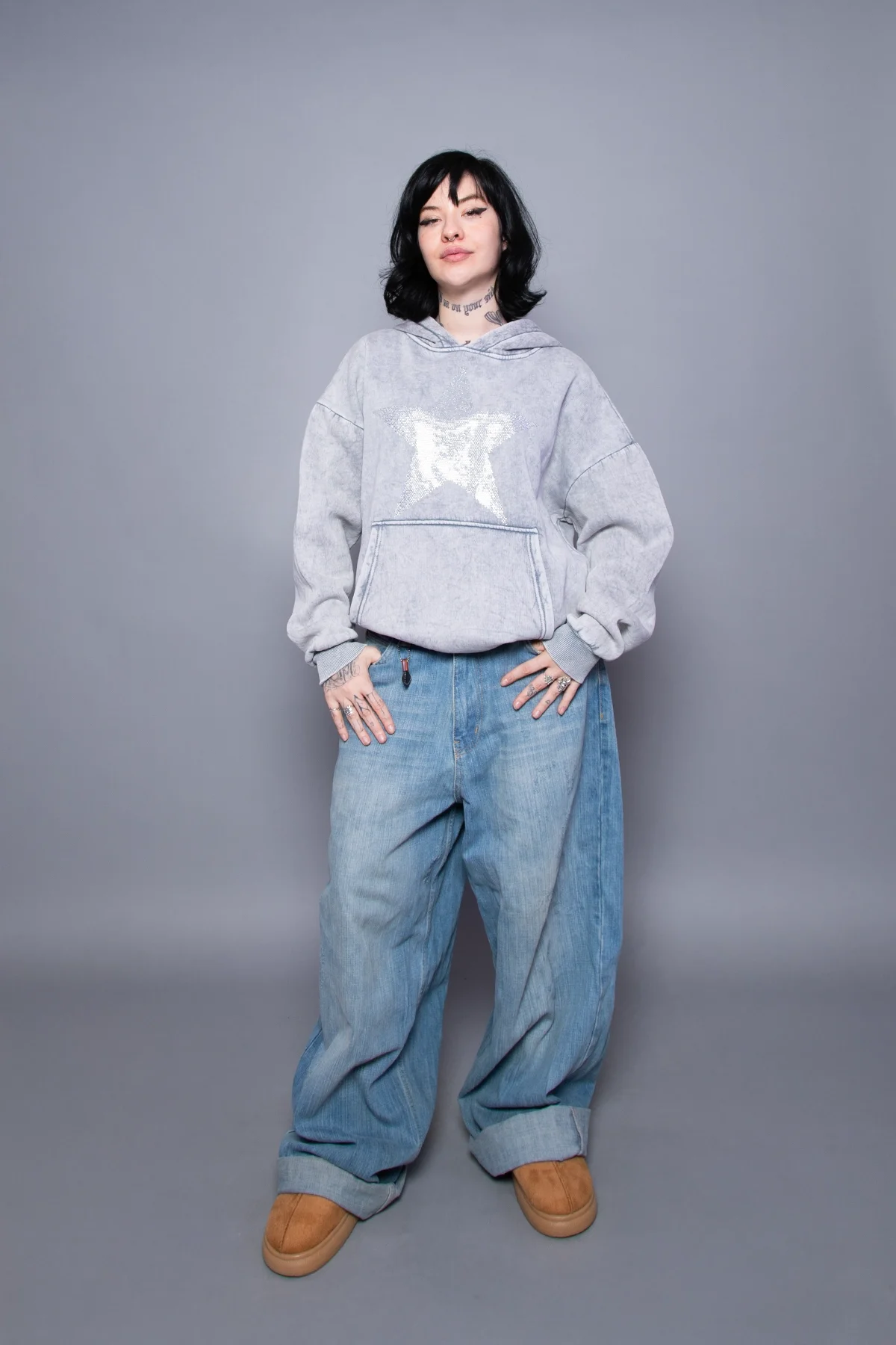 Yıldız Taş Baskılı Oversize Unisex Yıkamalı Beyaz Hoodie