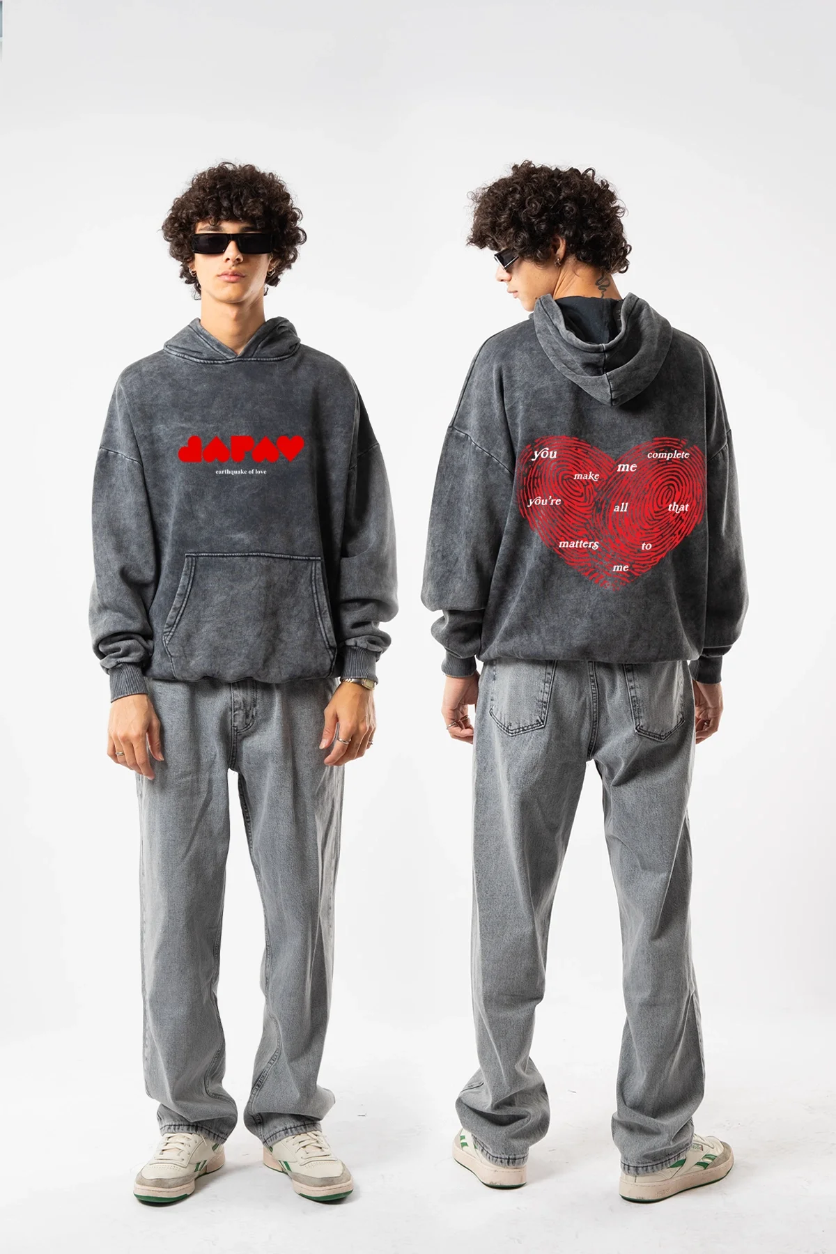 You Make Me Complete Baskılı Oversize Unisex Yıkamalı Siyah Hoodie