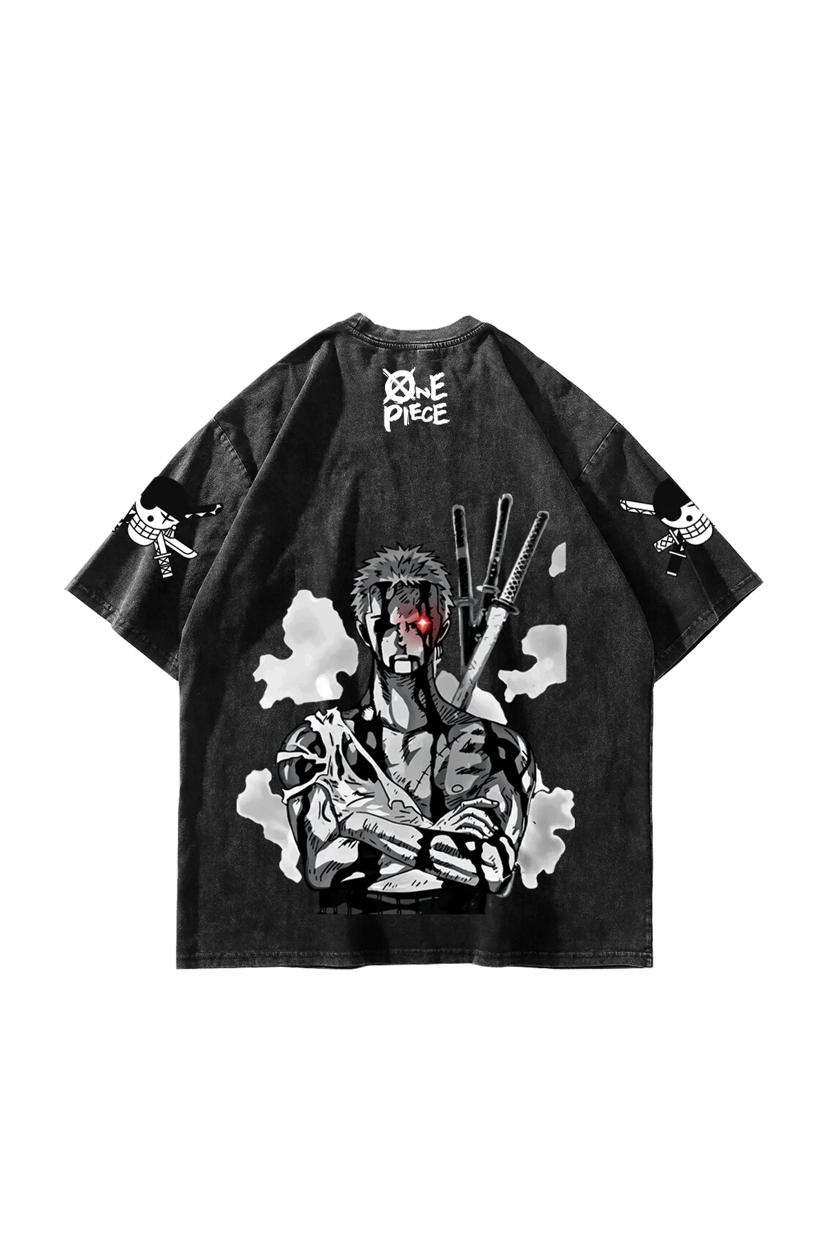 Roronoa Zoro Baskılı Oversize Unisex Yıkamalı Siyah Tshirt