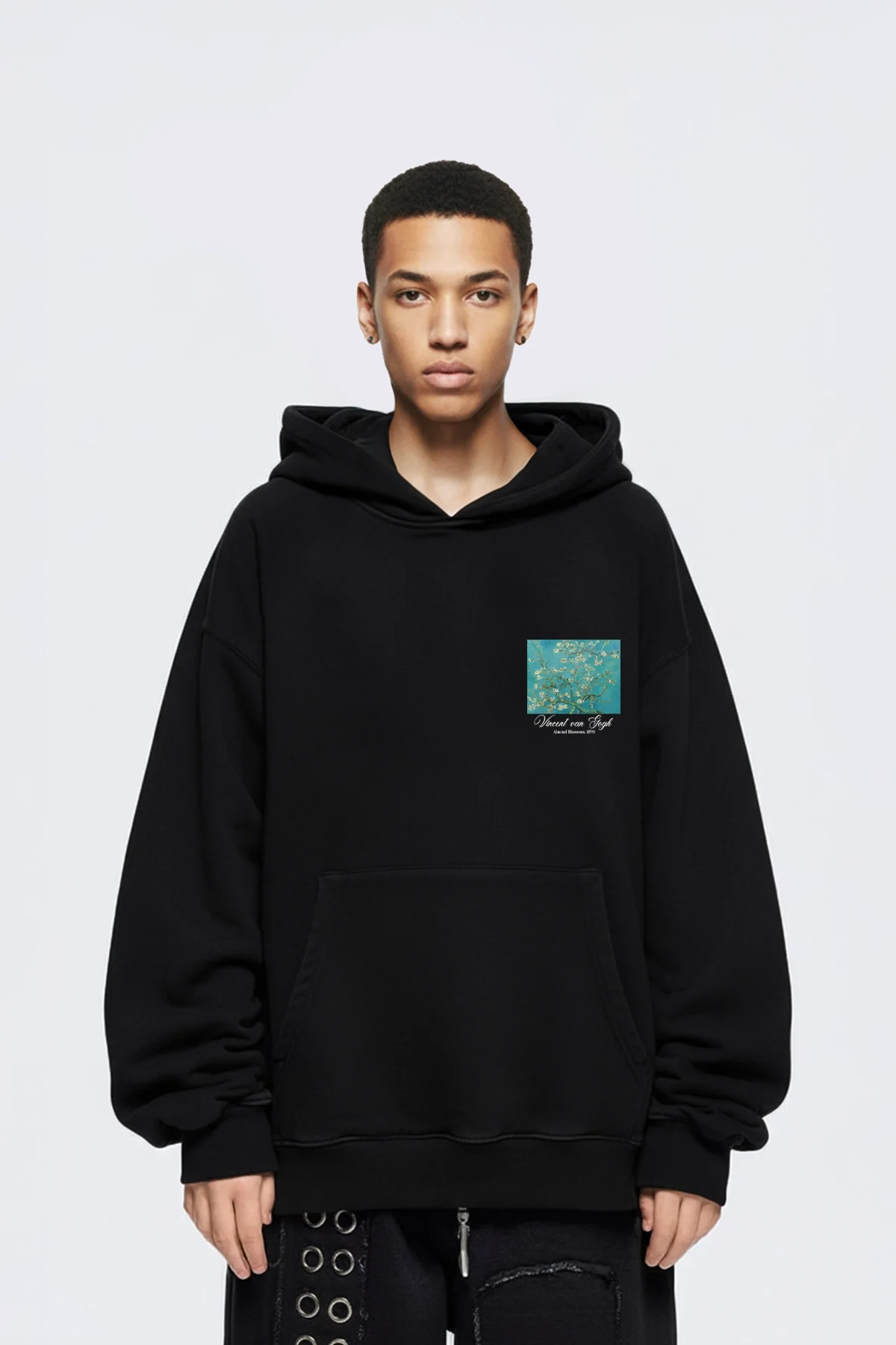 Almond Blossoms Baskılı Oversize Unisex Siyah Hoodie