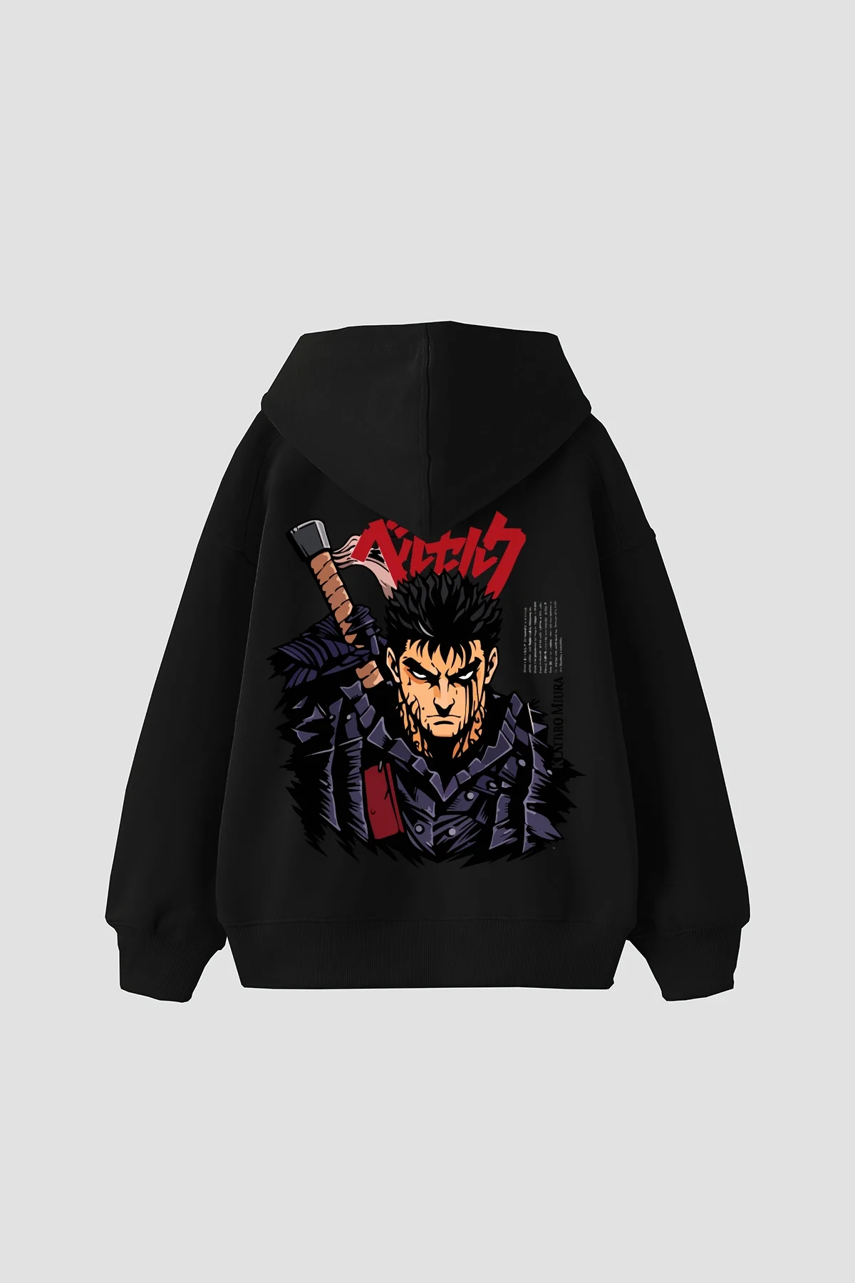 Berserk Guts Baskılı Oversize Unisex Siyah Hoodie