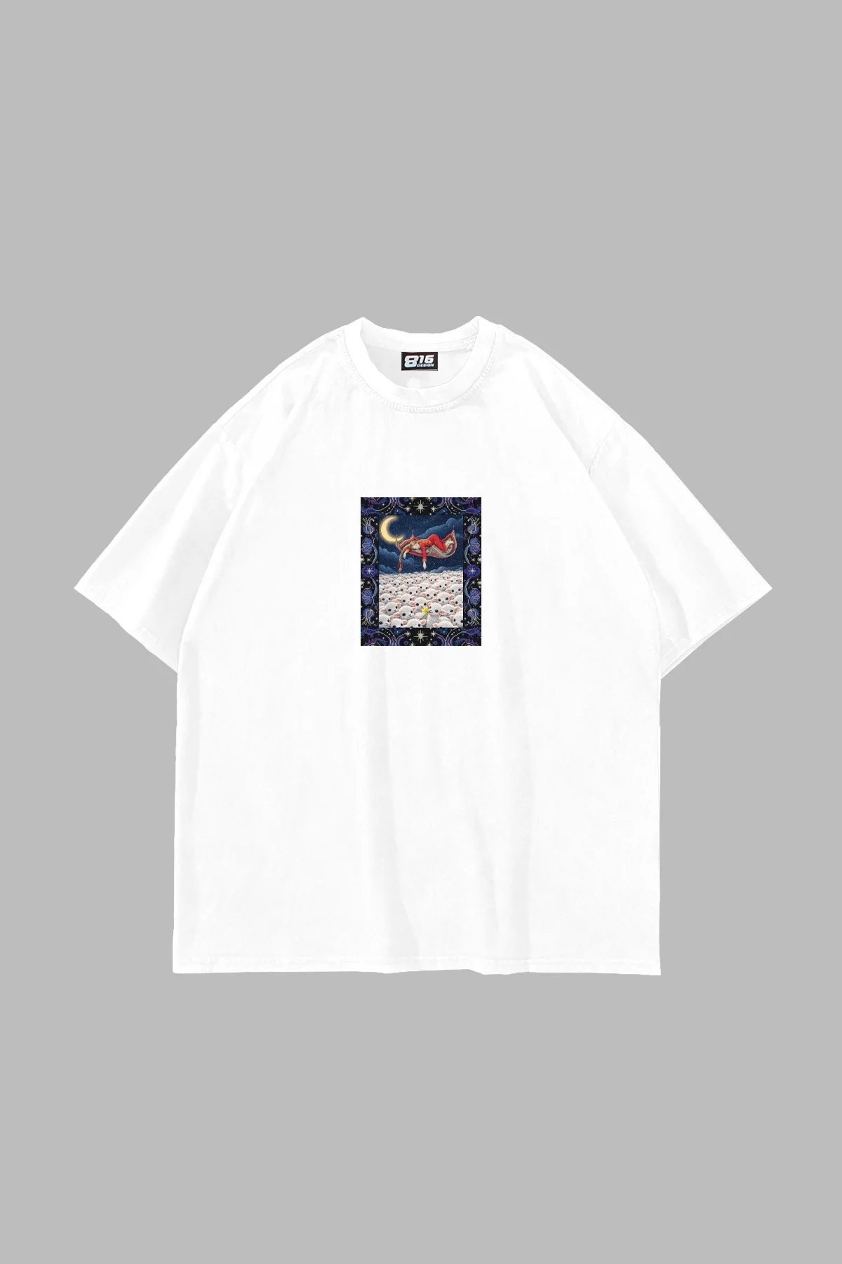 Bir Kuzu İki Kuzu Baskılı Oversize Unisex Beyaz Tshirt