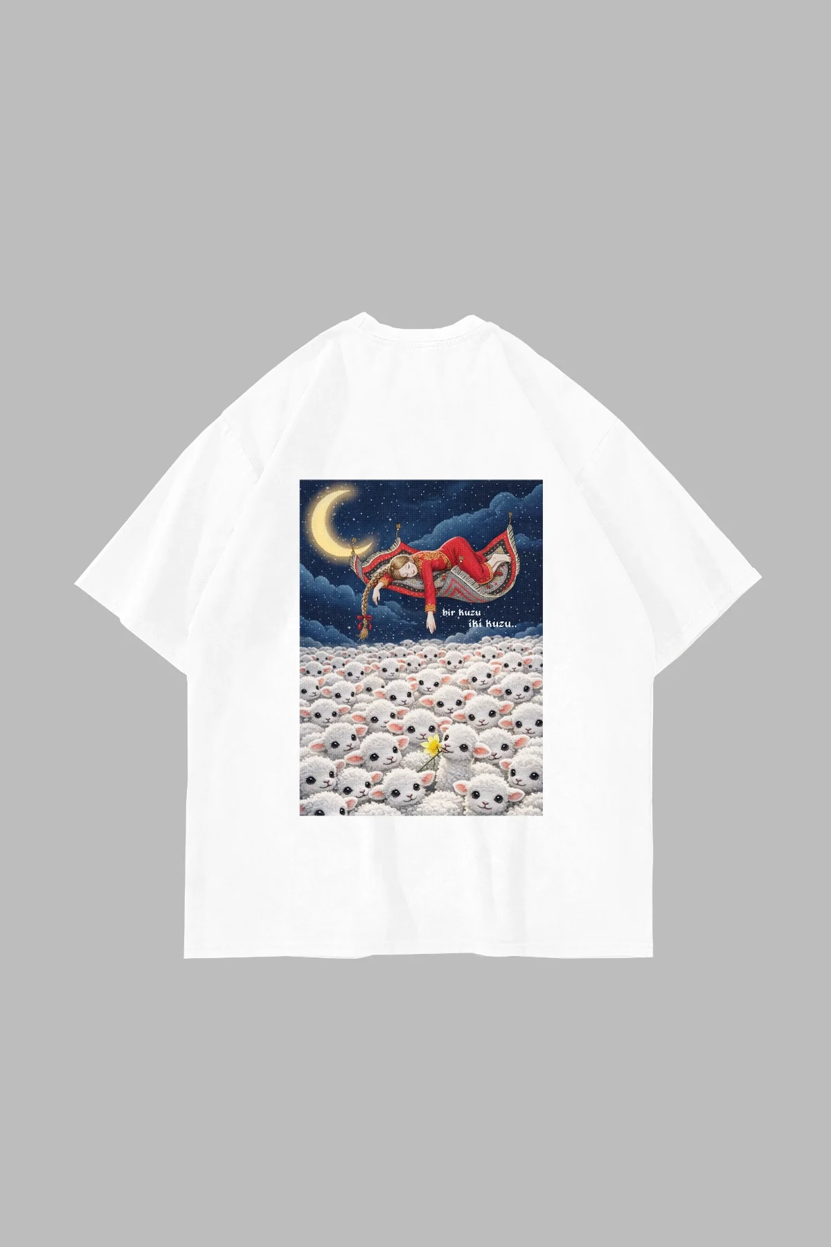 Bir Kuzu İki Kuzu Baskılı Oversize Unisex Beyaz Tshirt