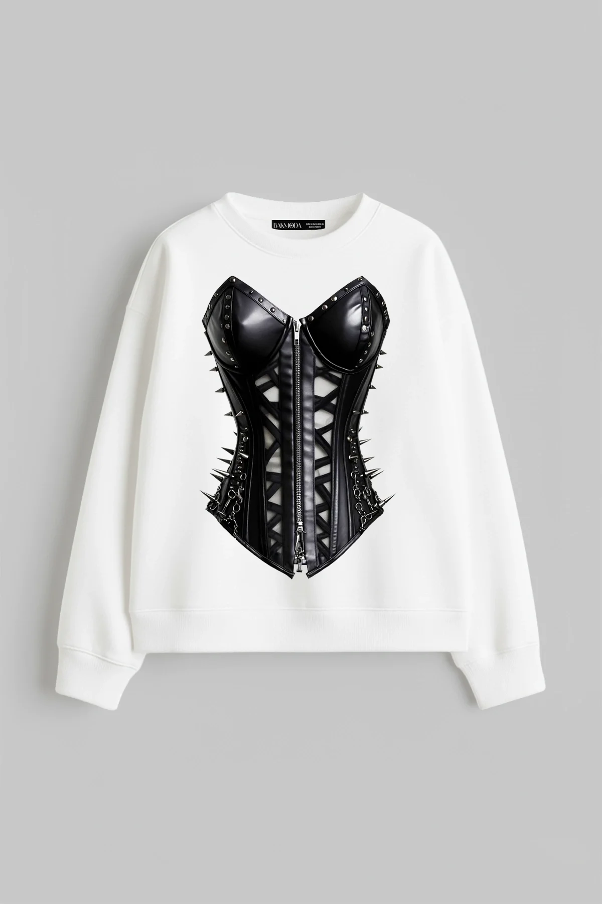 Black Cat Corset Baskılı Kapüşonsuz Relaxed Fit Kadın Beyaz Sweatshirt