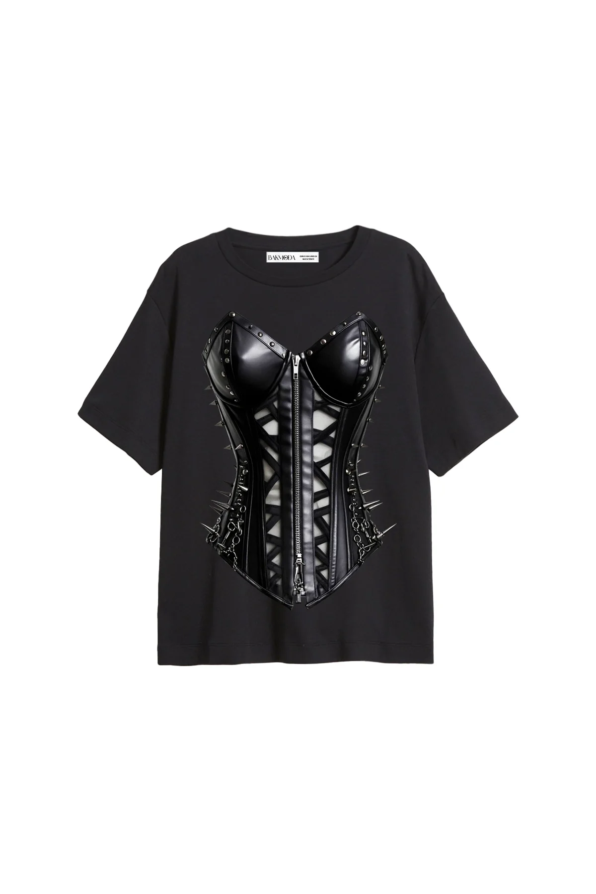 Black Cat Corset Baskılı Relaxed Fit Siyah Kadın Tshirt