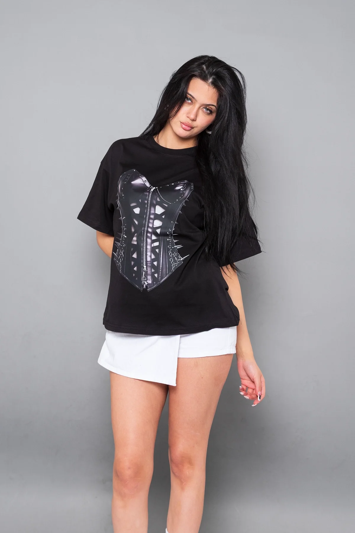 Black Cat Corset Baskılı Relaxed Fit Siyah Kadın Tshirt