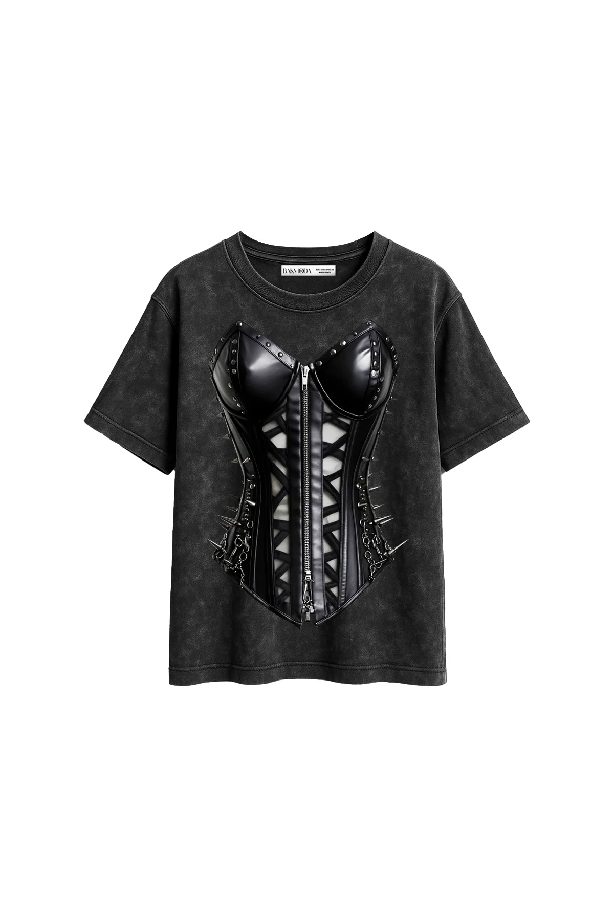Black Cat Corset Baskılı Relaxed Fit Yıkamalı Siyah Kadın Tshirt