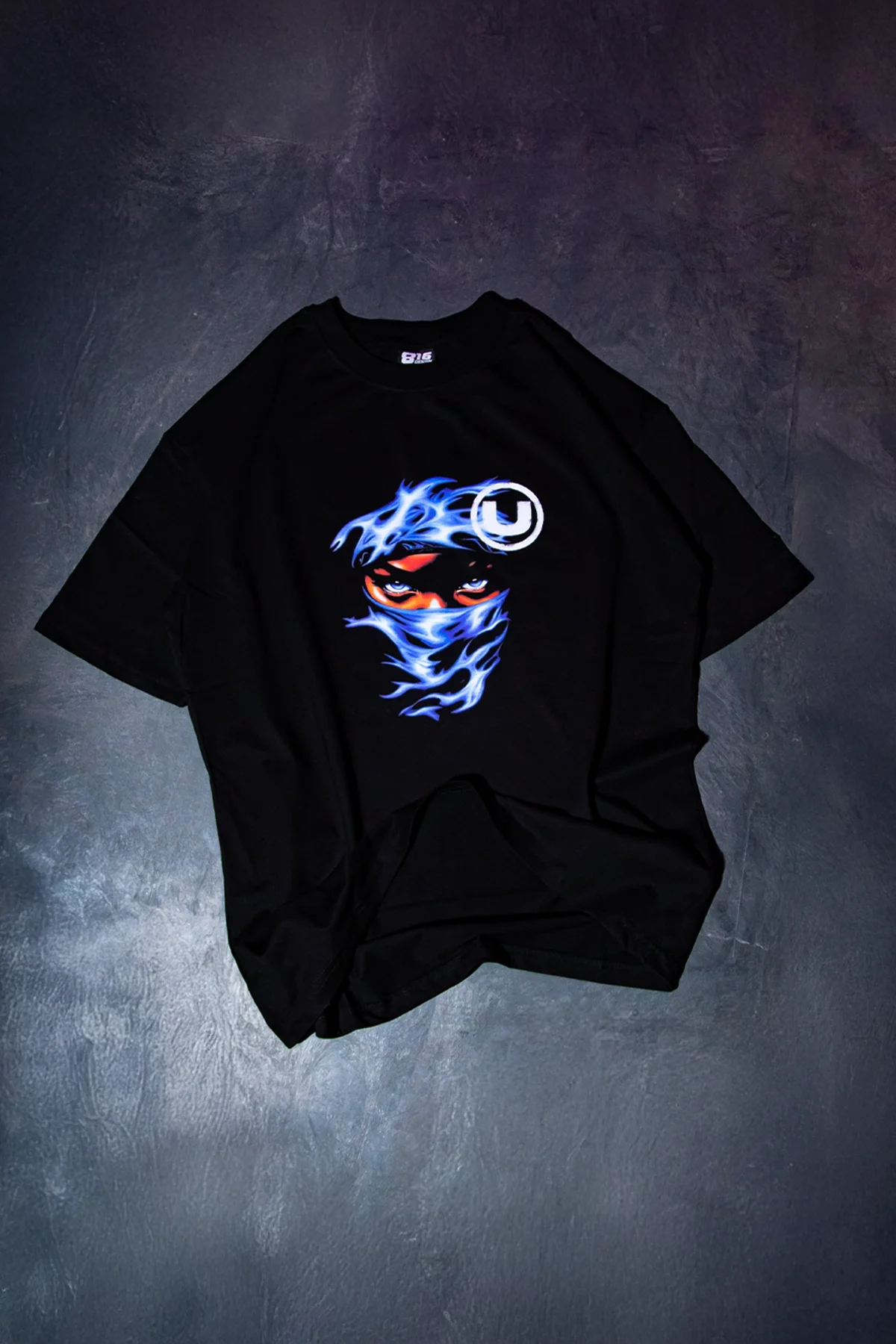 Blue Flame Baskılı Oversize Unisex Siyah Tshirt
