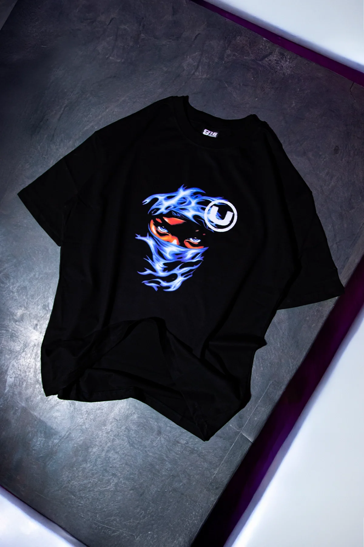 Blue Flame Baskılı Oversize Unisex Siyah Tshirt