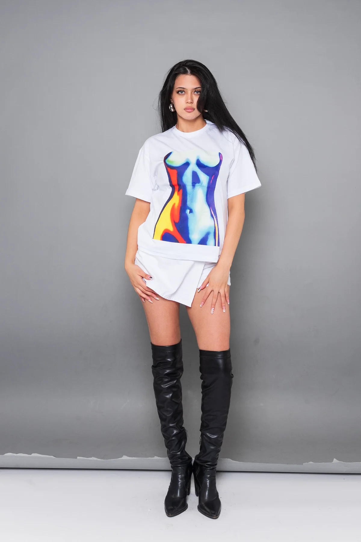 Blue Silhouette Baskılı Relaxed Fit Beyaz Kadın Tshirt