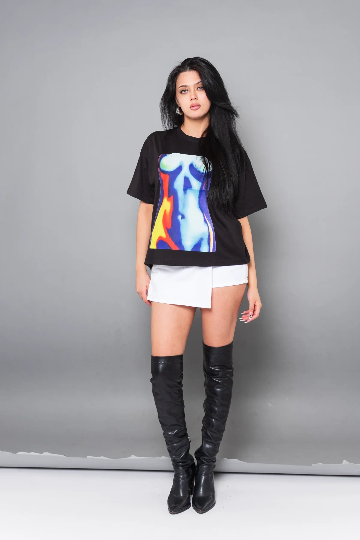 Blue Silhouette Baskılı Relaxed Fit Siyah Kadın Tshirt