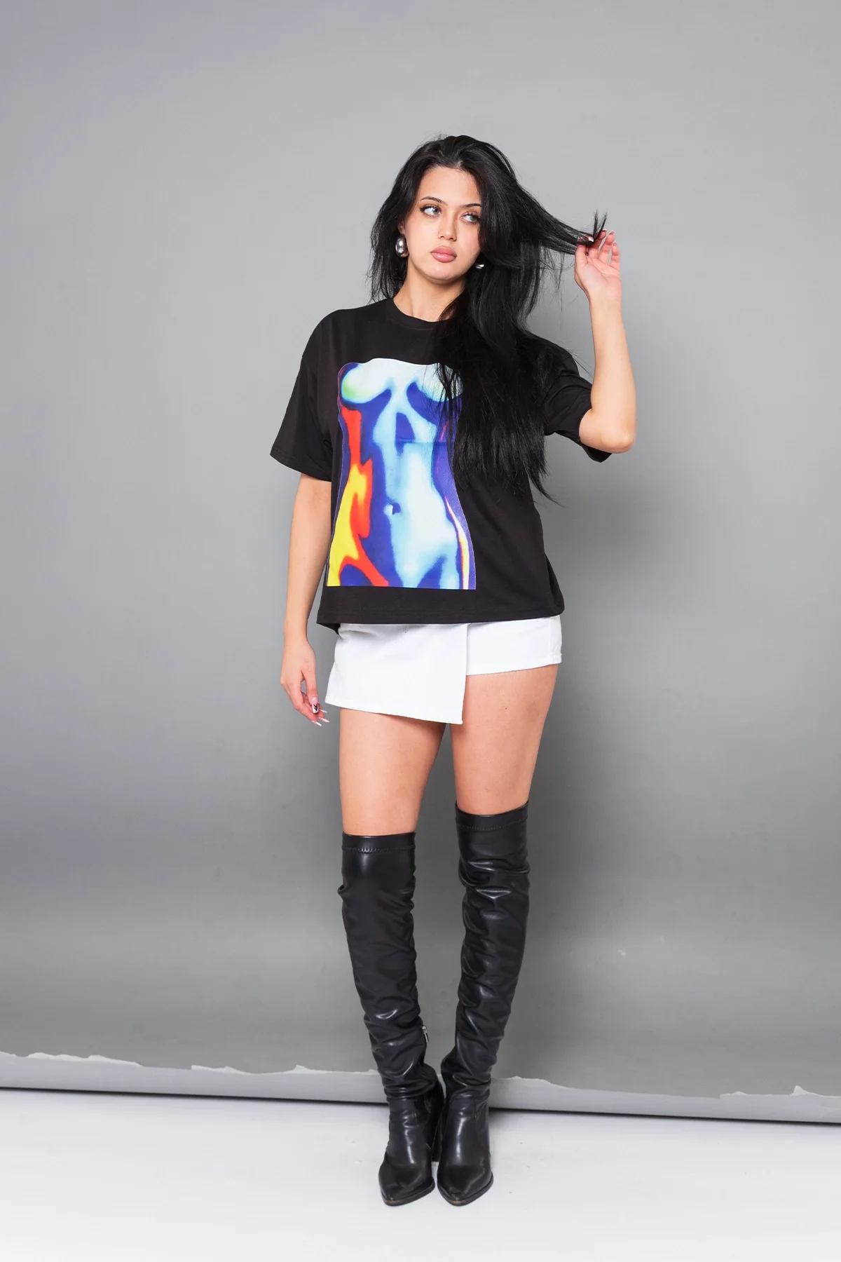 Blue Silhouette Baskılı Relaxed Fit Siyah Kadın Tshirt