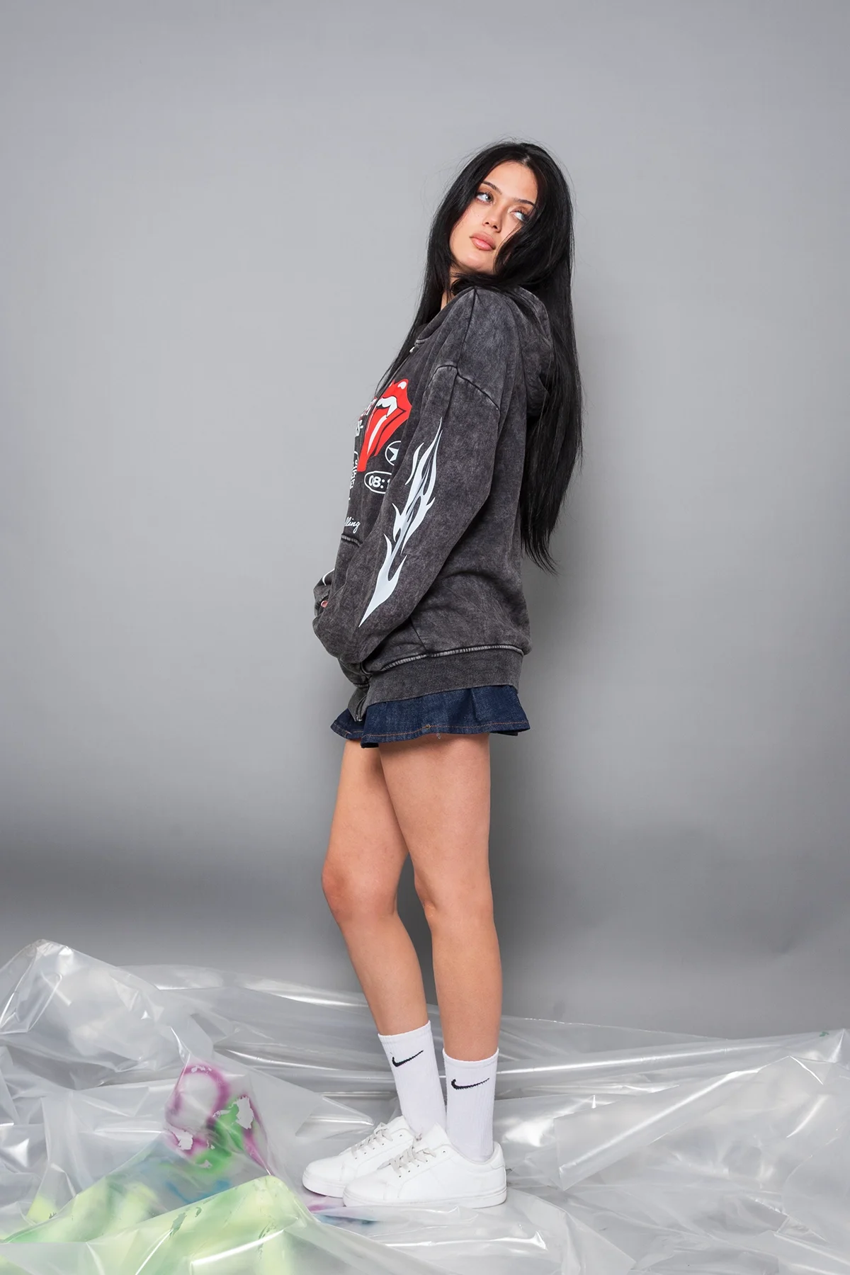 Deep Rolling Baskılı Fermuarlı Zip Kapüşonlu Unisex Yıkamalı Siyah Sweatshirt