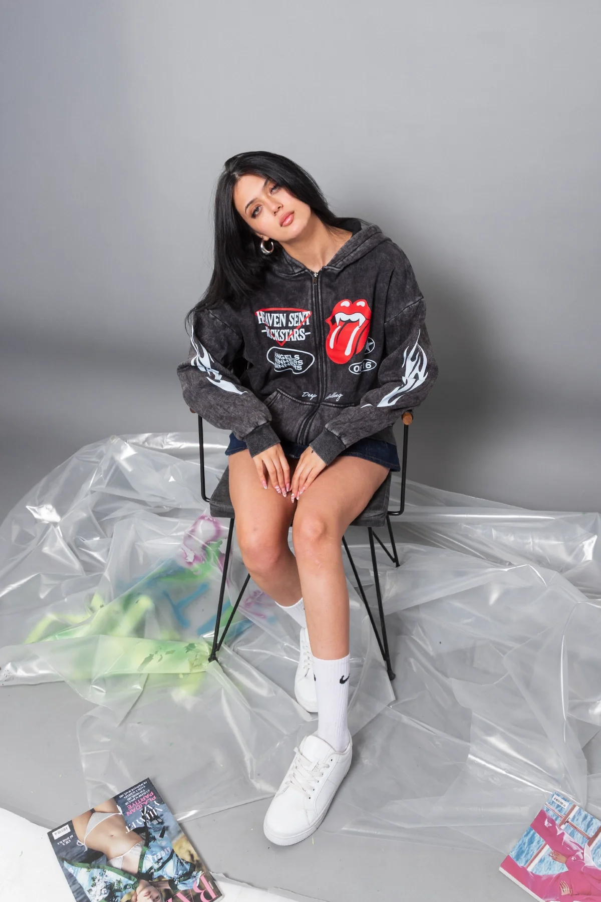 Deep Rolling Baskılı Fermuarlı Zip Kapüşonlu Unisex Yıkamalı Siyah Sweatshirt