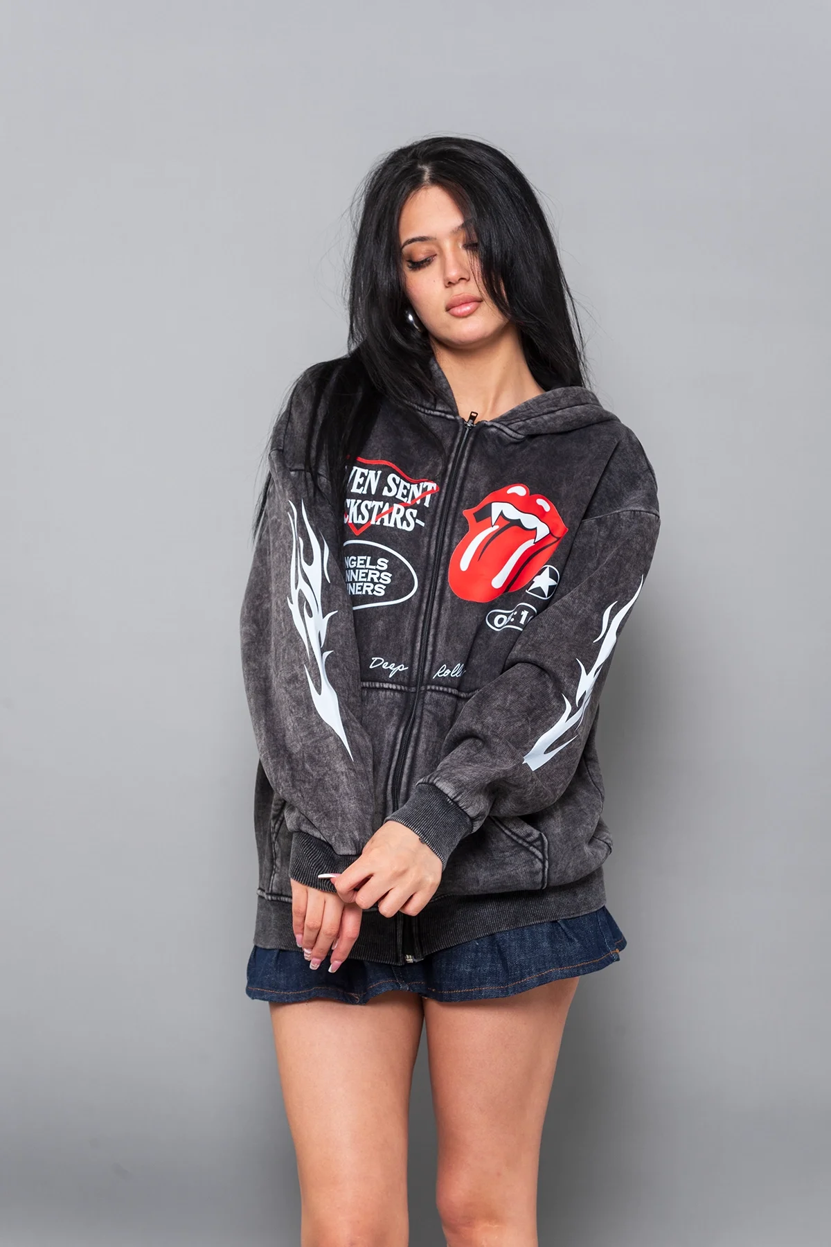 Deep Rolling Baskılı Fermuarlı Zip Kapüşonlu Unisex Yıkamalı Siyah Sweatshirt