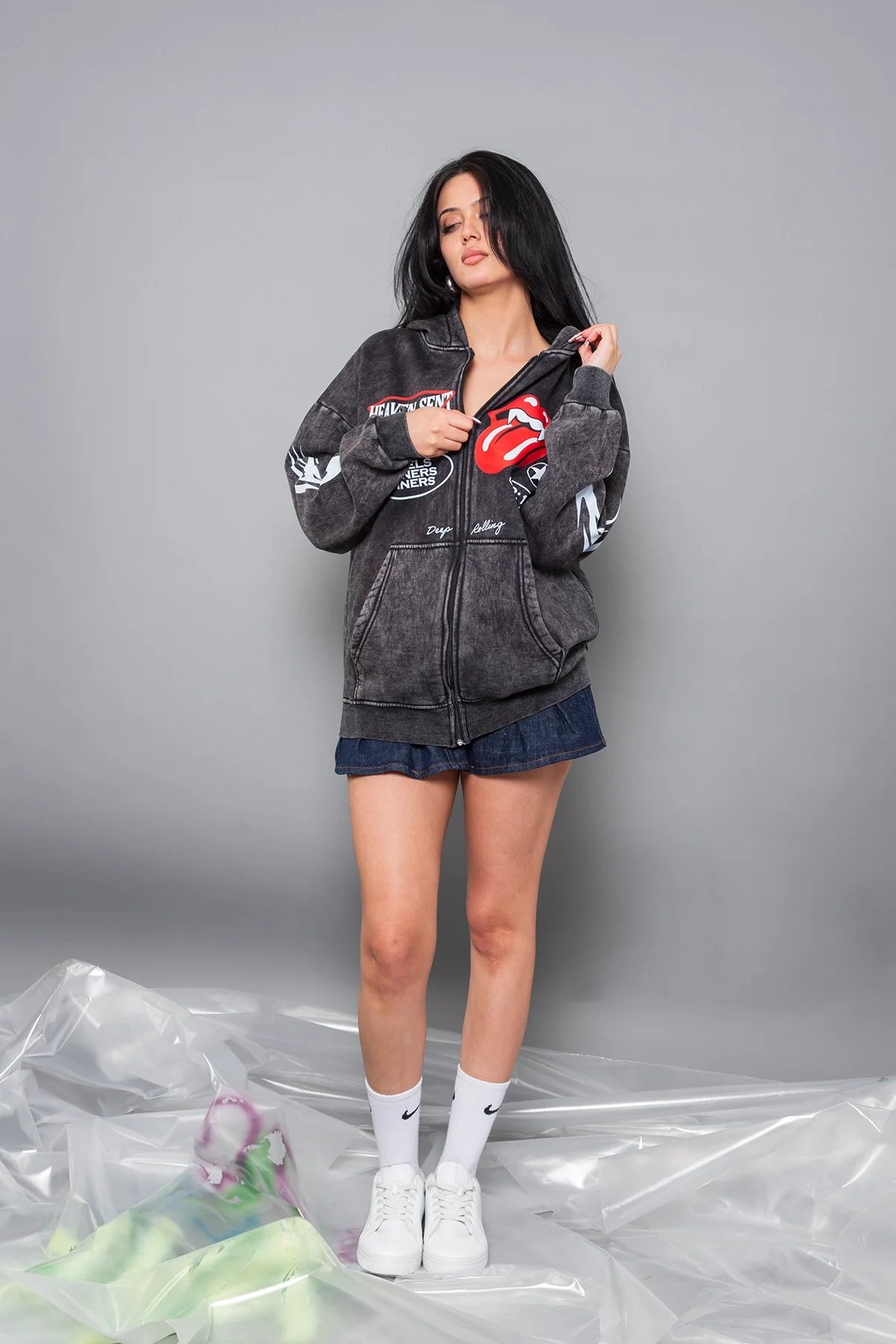 Deep Rolling Baskılı Fermuarlı Zip Kapüşonlu Unisex Yıkamalı Siyah Sweatshirt