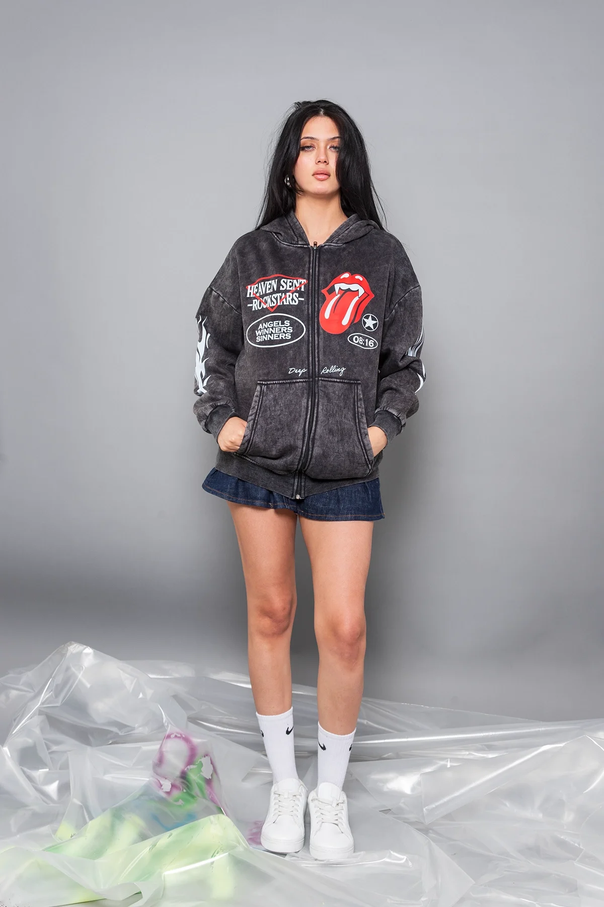 Deep Rolling Baskılı Fermuarlı Zip Kapüşonlu Unisex Yıkamalı Siyah Sweatshirt