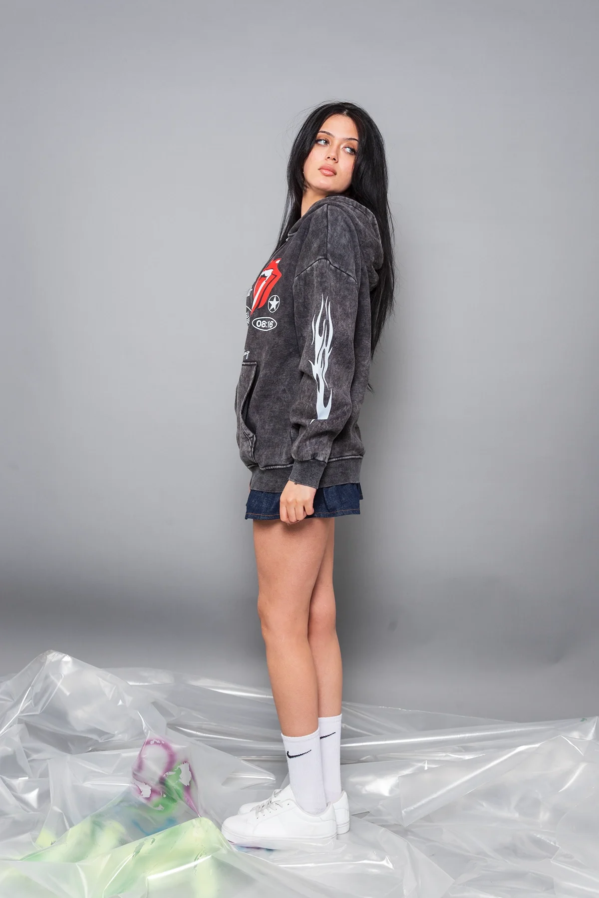 Deep Rolling Baskılı Fermuarlı Zip Kapüşonlu Unisex Yıkamalı Siyah Sweatshirt