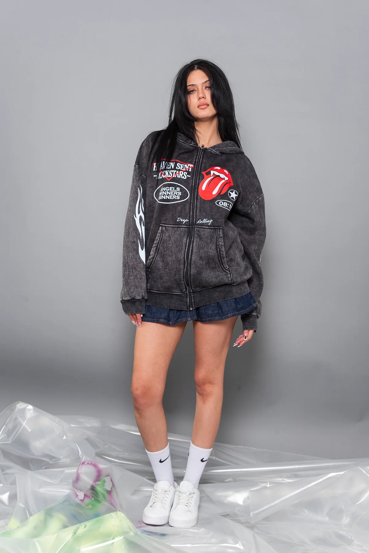 Deep Rolling Baskılı Fermuarlı Zip Kapüşonlu Unisex Yıkamalı Siyah Sweatshirt