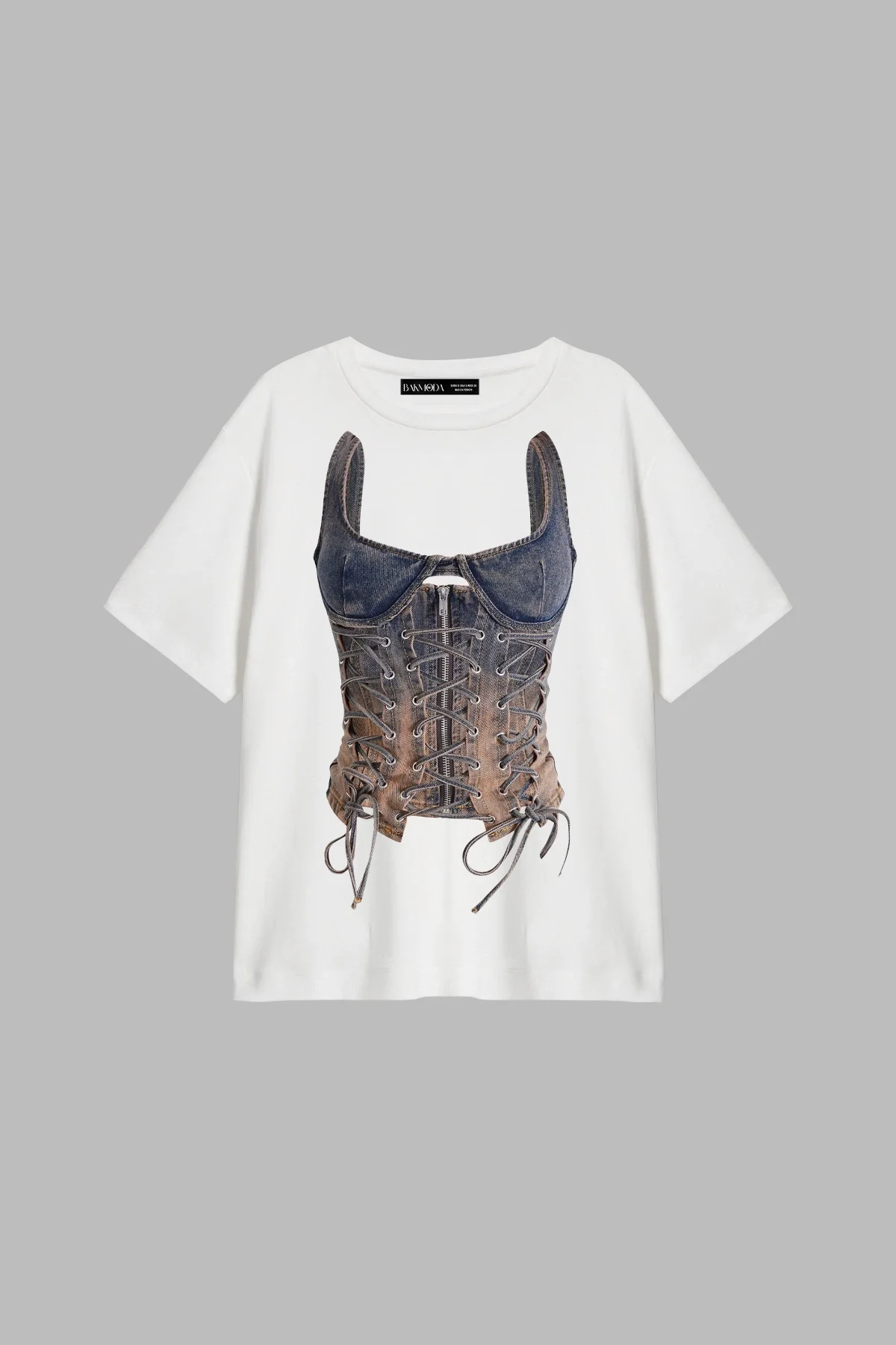 Denim Corset Baskılı Relaxed Fit Beyaz Kadın Tshirt