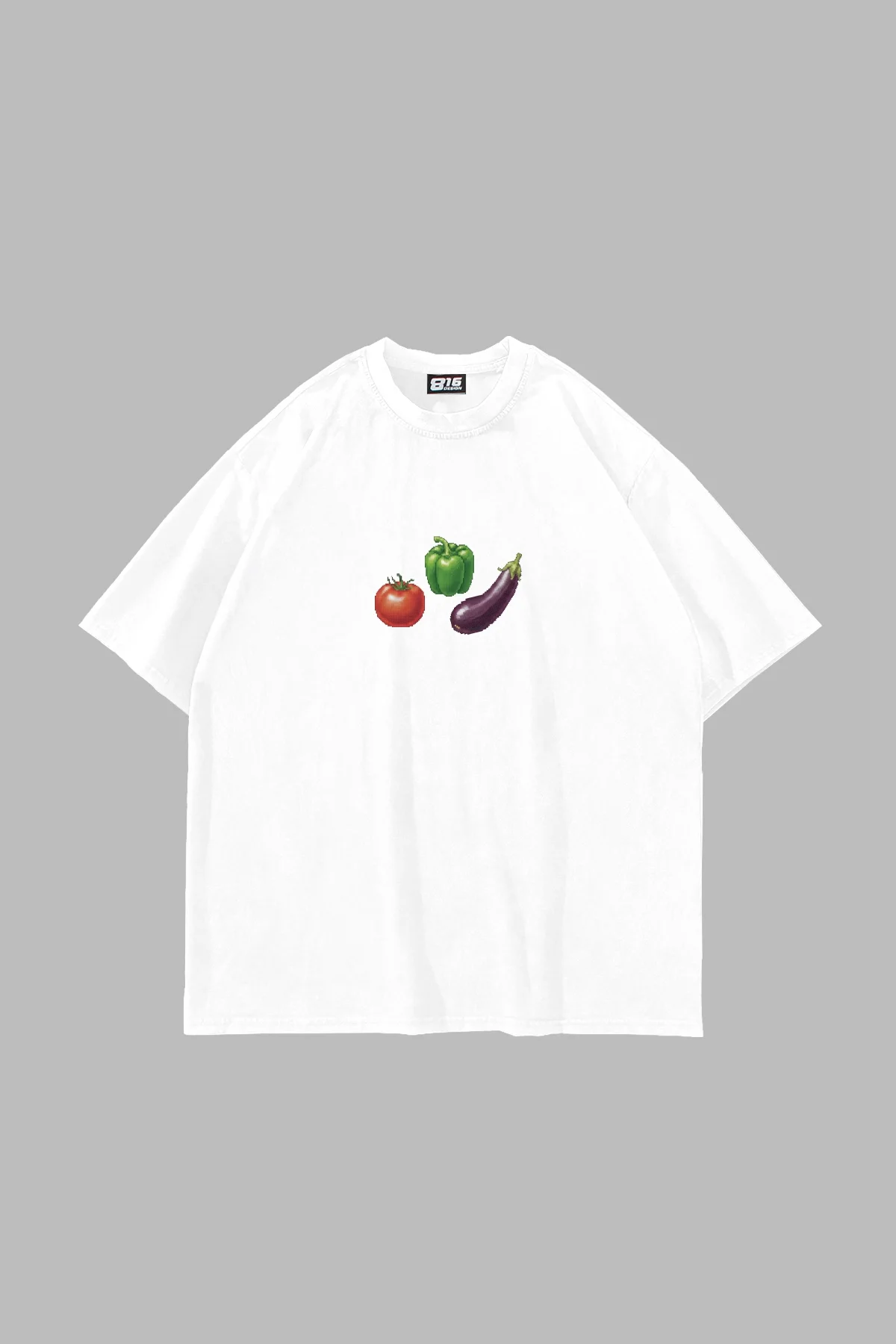 Domates Biber Patlıcan Baskılı Oversize Unisex Beyaz Tshirt