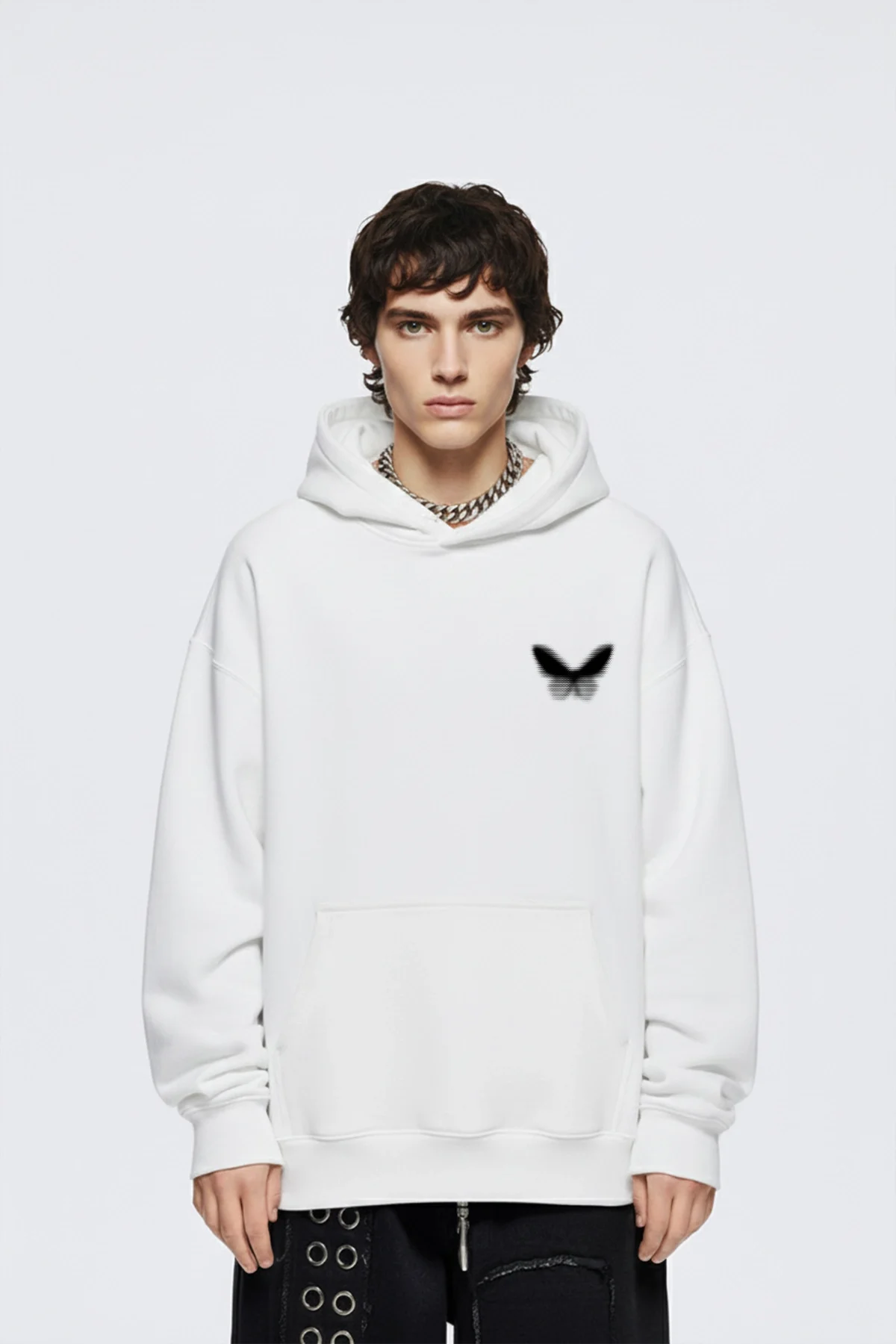 Dot Butterfly Baskılı Oversize Unisex Beyaz Hoodie